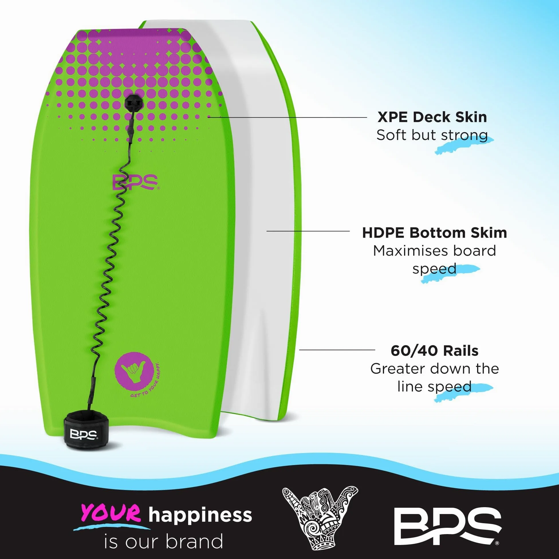 BPS New Zealand Shaka - Tabla de cuerpo para todas las condiciones de onda, ligera con núcleo de EPS, parte inferior lisa de polietileno de alta densidad, tablas de cuerpo para playa con correa de