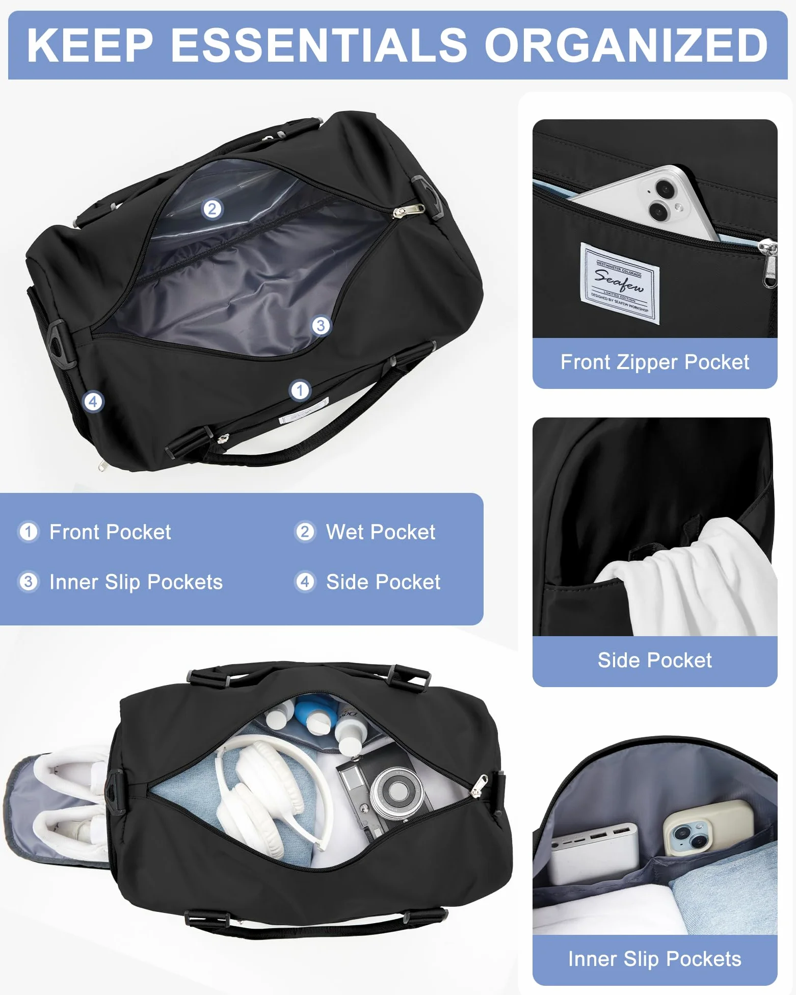 Bolsa de Viaje, Color Negro, Black, Bolsa de Gimnasio