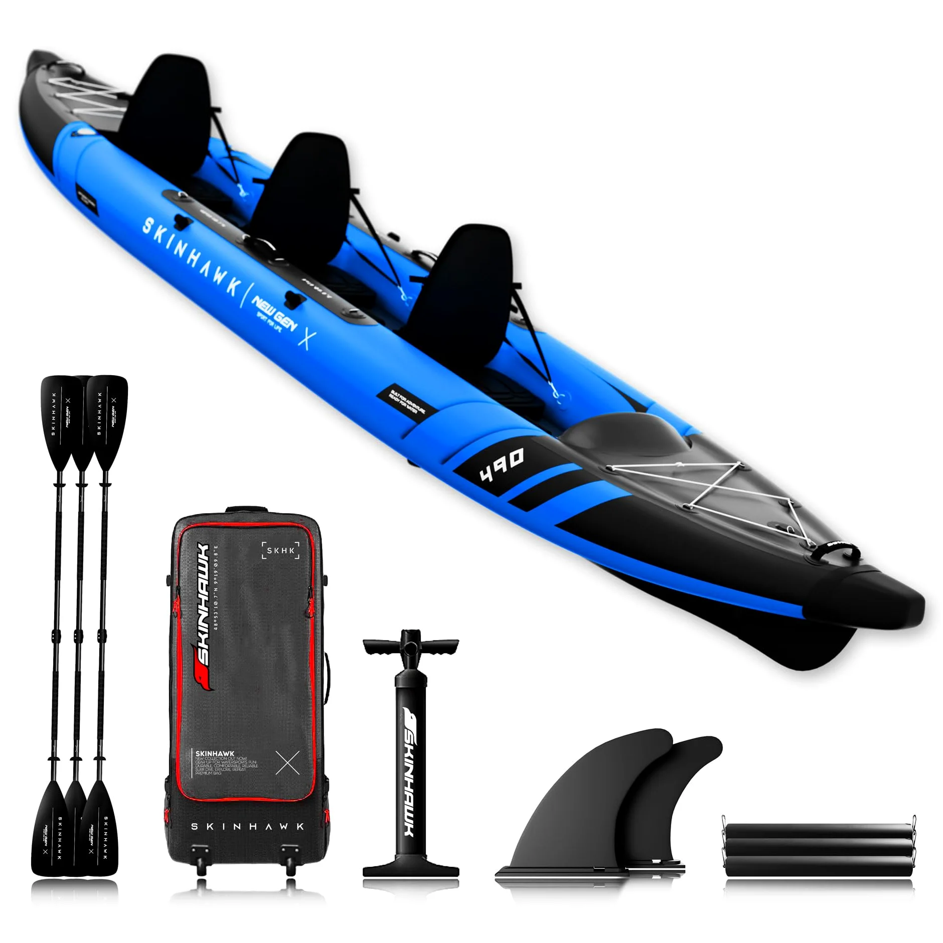 SKINHAWK Prestige Blue Kayak Set 490 – Barco inflable – Canoa – 490 x 96 cm – Kayak para 3 personas