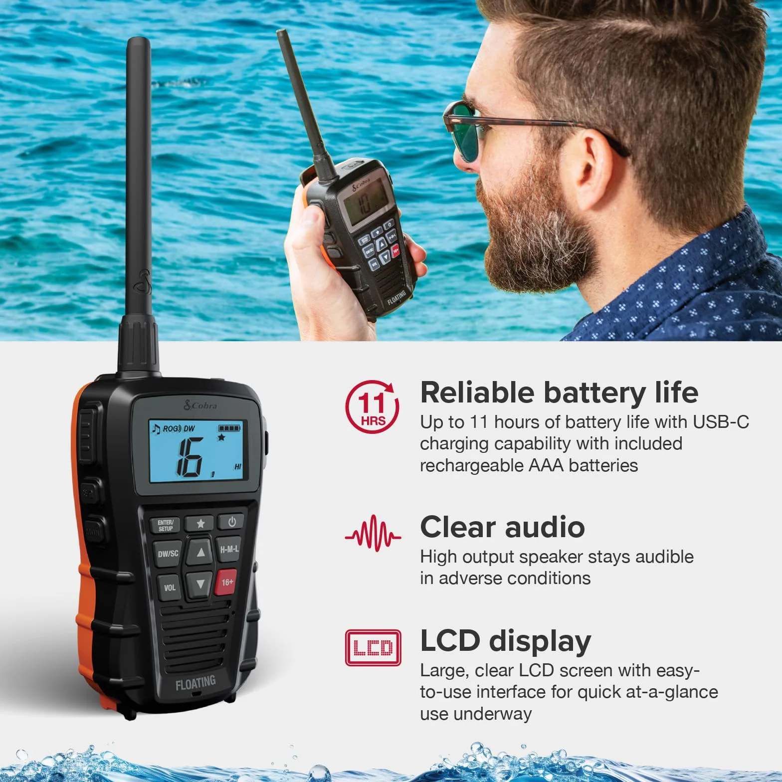 Cobra BlueBound 150 Radio Marina VHF de Mano, 3 W, Flotante, IPX7 Impermeable, Sumergible, Pantalla LCD, escaneo de Memoria, Clip para cinturón, Color Negro
