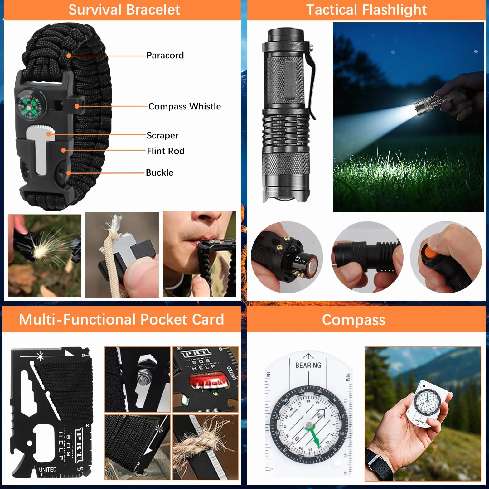 Kit de Supervivencia de Emergencia 69 Piezas 30 en 1 Linterna Táctica Brújula Herramientas Multifunción para Camping