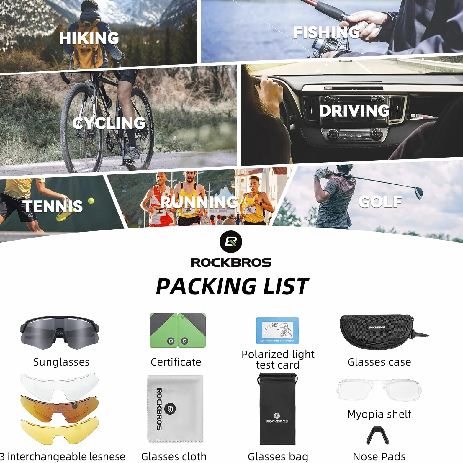 ROCKBROS Gafas de Ciclismo con 4 Lentes Intercambiables para Hombre Mujer, Gafas Polarizadas Montura TR90, Gafas de Sol Deportivas para Bicicleta MTB Running Pesca Deportes