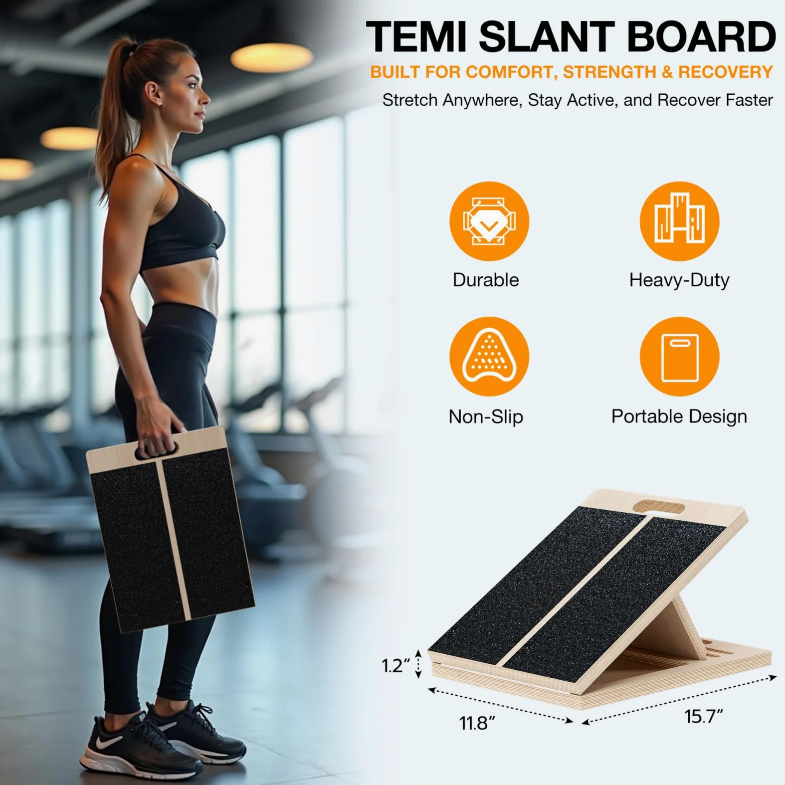 TEMI Tabla inclinada para estirar la pantorrilla, camilla de cuña inclinada de madera para sentadillas, movilidad de pies y tobillo, equipo de fitness portátil, bloque de equilibrio para estiramiento