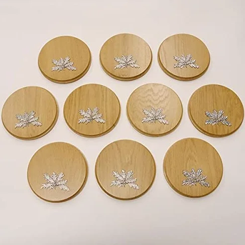 GTK Oferta 10 placas de cuña redondas de roble claro AF 17 cm, tabla cuña, tabla de especias, letrero de trofeos con 10 hojas de roble, portada de 6 hojas