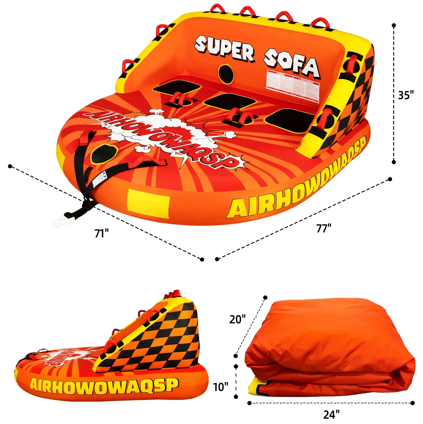 Super sofá remolcable tubos para navegación de 1 a 3 personas, tubos para barcos, botes inflables, tubo de barco, tubo de agua, puntos de remolque delanteros y traseros con cubierta de