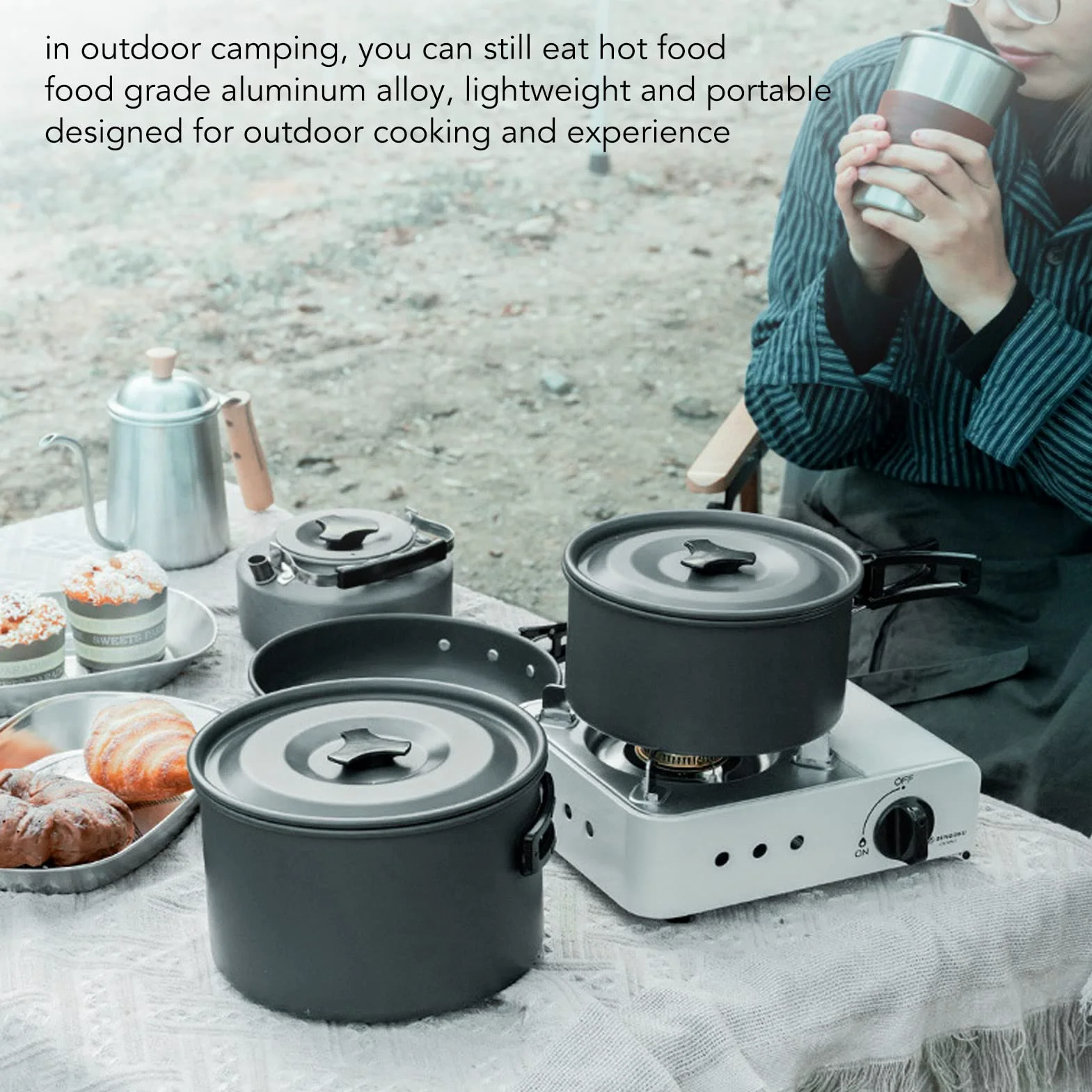 Kit de utensilios de cocina de aleación de aluminio para camping, tetera, sartén, platillo, tazón, cuchara, portátil, ligero, duradero, antiadherente, resistente a altas temperaturas, para acampar al
