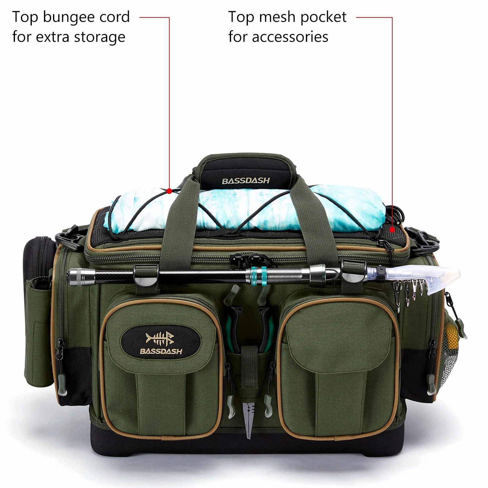 Bassdash Bolsa de Aparejos de Pesca, Bolsas de Pesca de Gran Capacidad,Impermeable y Ligero，con Cubierta de Lluvia Inferior