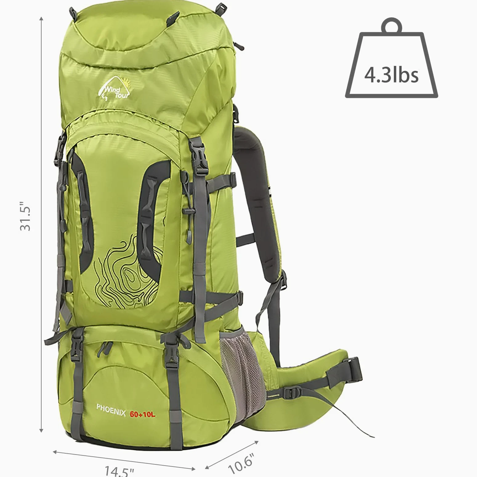Wind Tour Outdoor 60L Mochila ligera Ripstop impermeable Trekking Bolsa Durable Sport Daypack con cubierta de lluvia para escalada senderismo ciclismo alpinismo (verde)