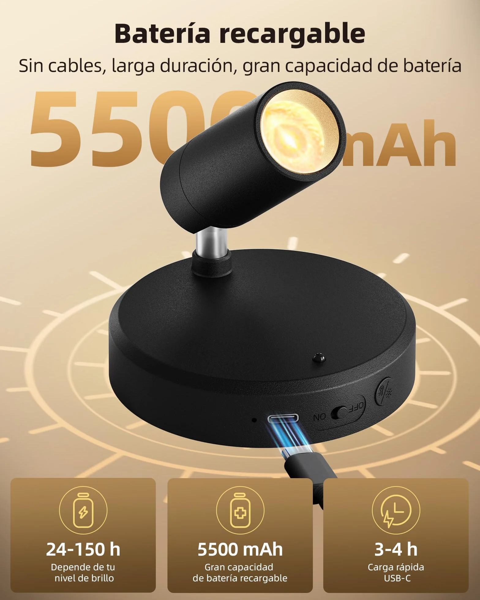 EZVALO Foco LED Inalámbrico 5500 mAh con Mando a Distancia y Temporizador, 3 Temperaturas de Color, Negro (2 Pieza)