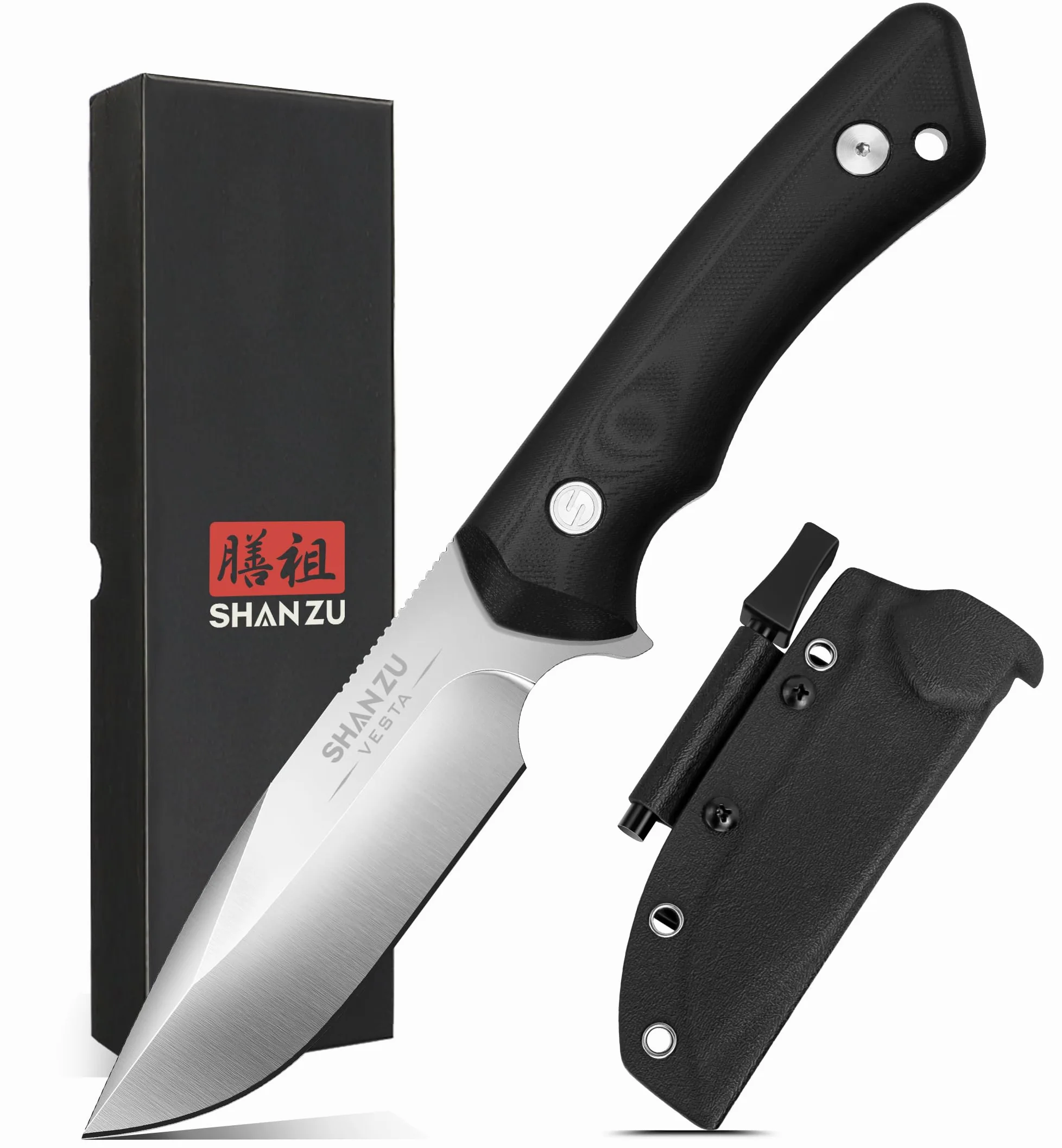 SHAN ZU Cuchillo Supervivencia D2 11cm Plateado Funda Kydex y Pedernal | Hoja Fija, Mango Ergonómico Antideslizante para Camping, Caza y Outdoor, Filo Duradero, Ligero, Compacto y Resistente