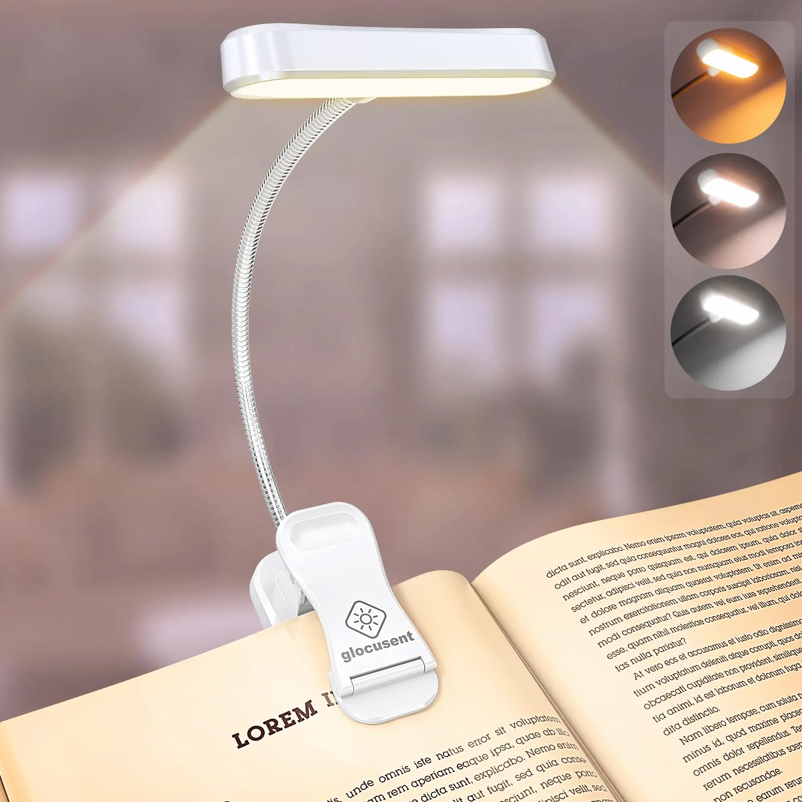 Glocusent Lampara de Lectura Recargable con Pinza 3 Colores 5 Brillos Compacta