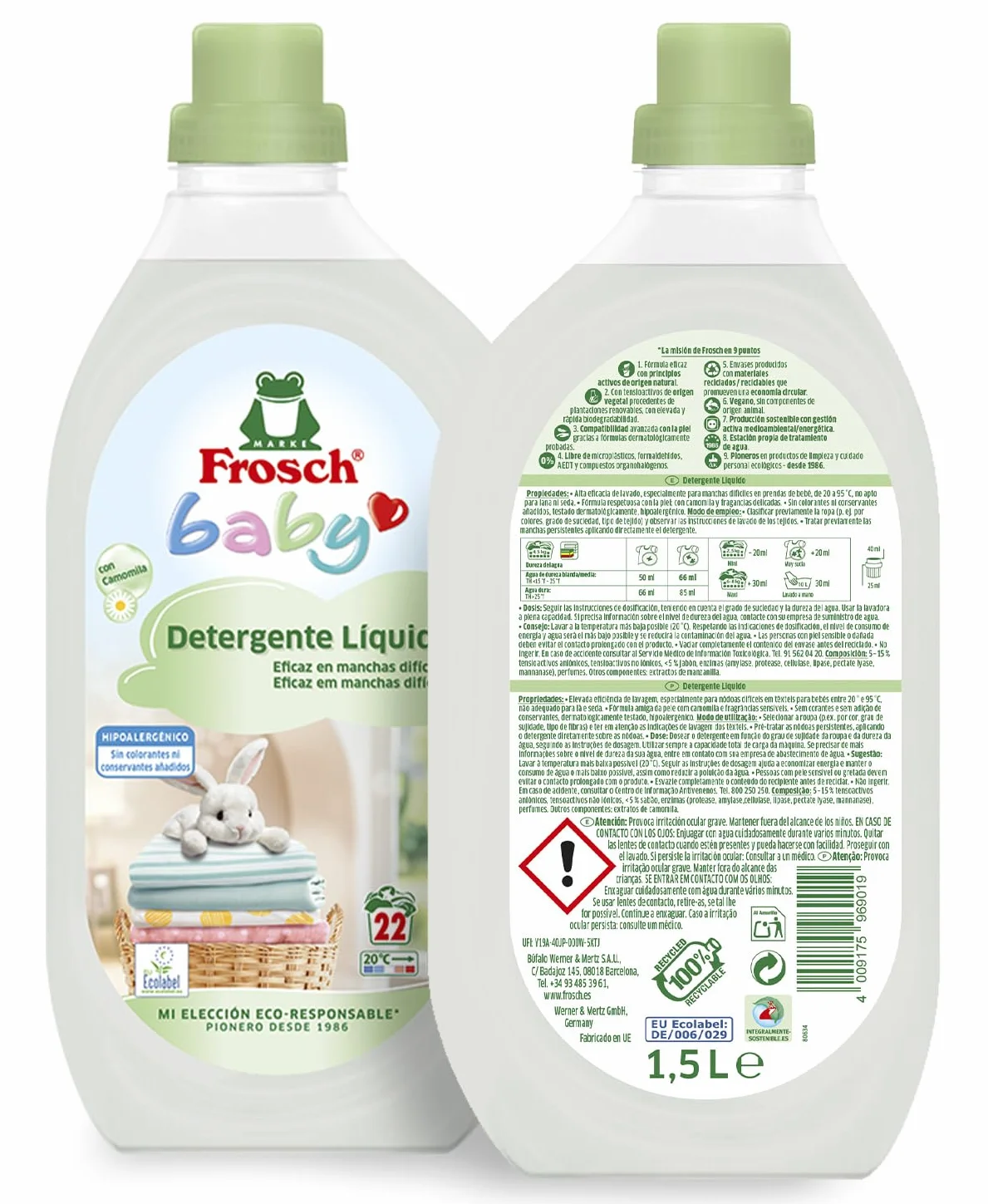 Frosch Baby Detergente Líquido Lavadora Ropa Bebé 1.5 L Hipoalergénico Ecológico