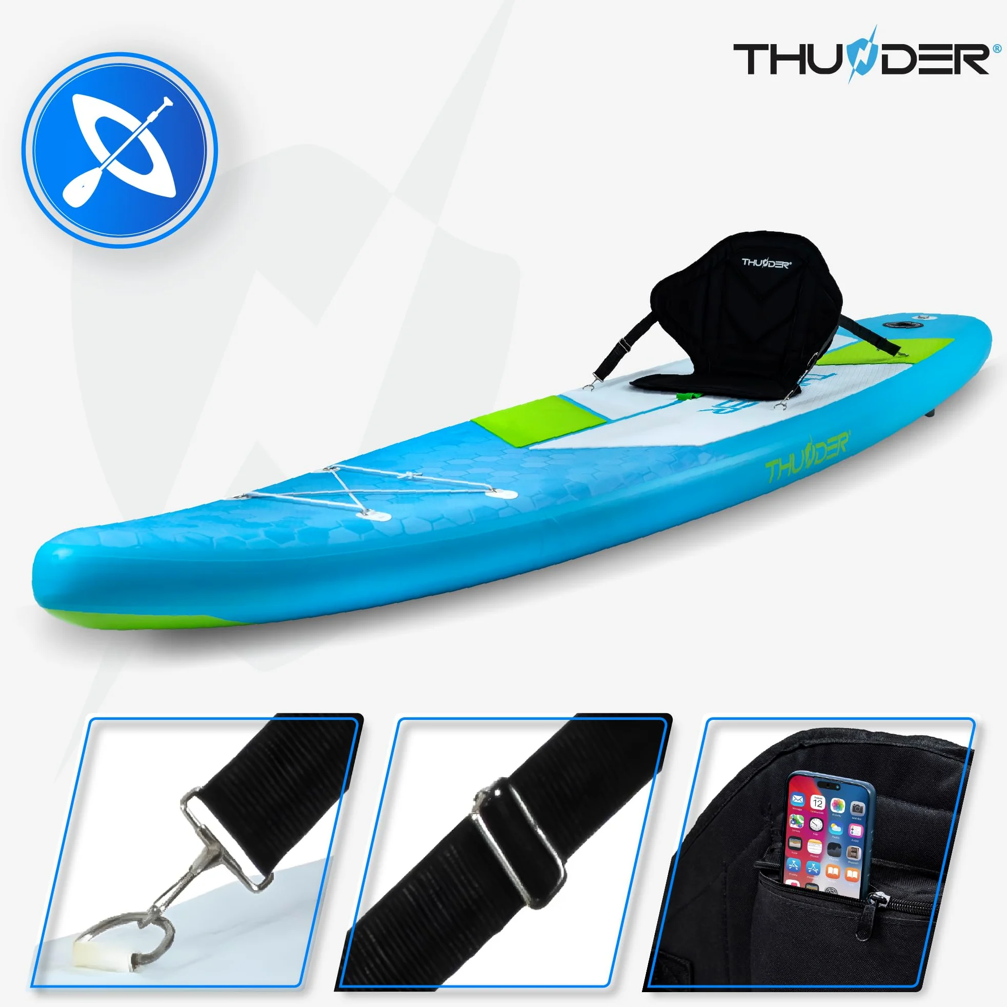 THUNDER - Tabla Sup inflable de 380 cm con asiento kayak – Stand Up Paddle Board Set con bomba, remo y mochila – Sup Touring para adultos y principiantes hasta 150 kg