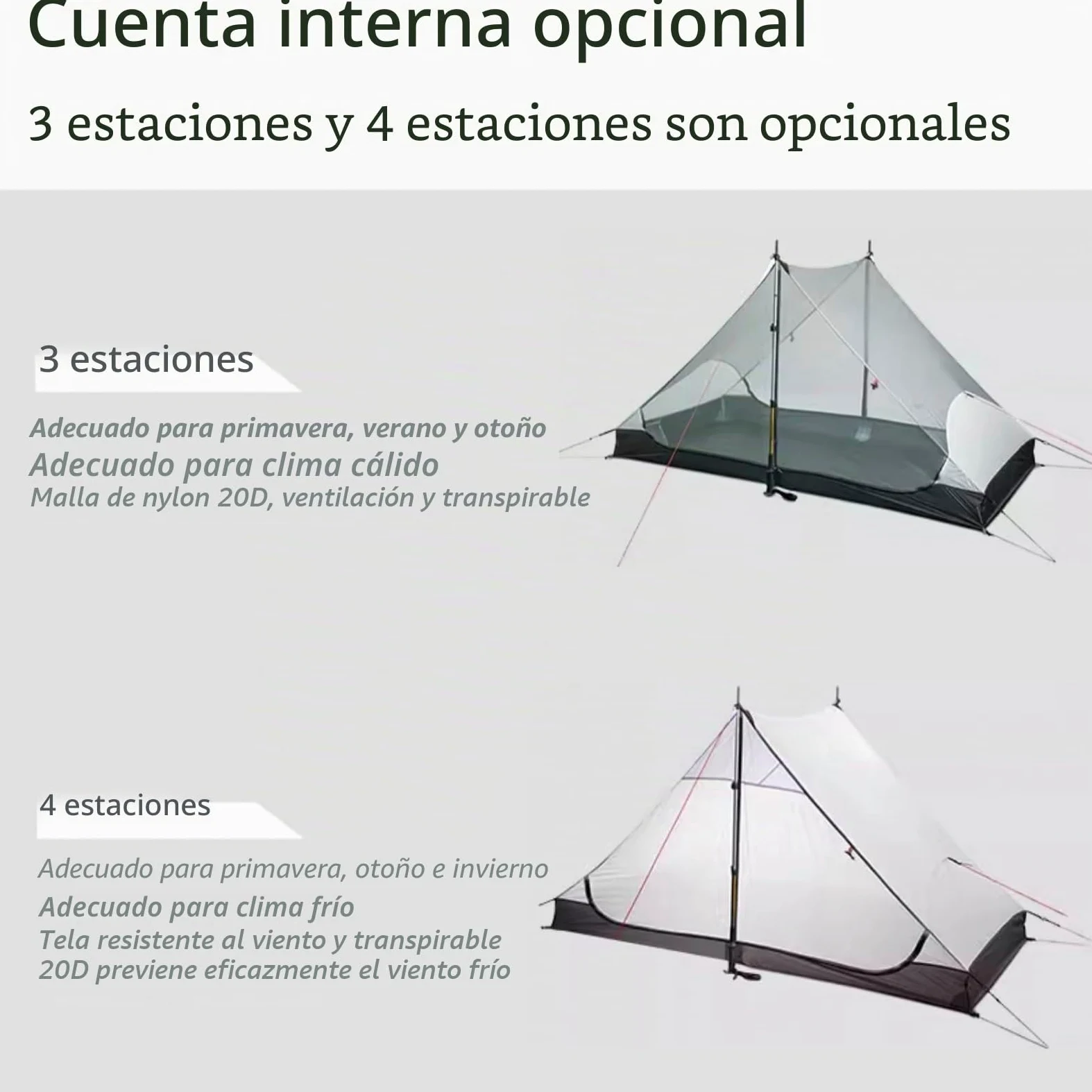 3FULGEAR Lanshan 2 - Tienda de campaña Ultraligera para 2 Personas, 3/4 Estaciones, 15D Silnylon sin Varilla, para Camping, Senderismo y montañismo