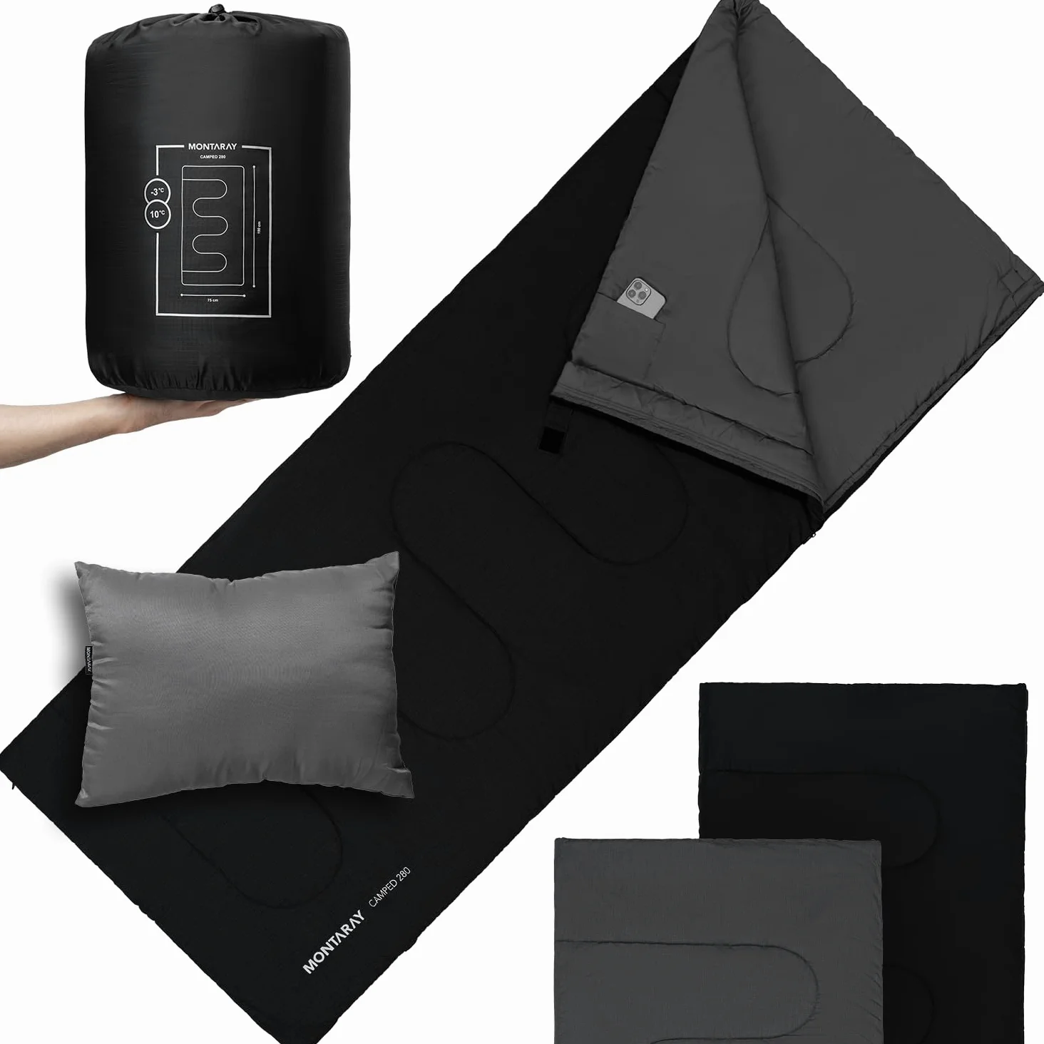 Saco de dormir de 100 % algodón hasta -3 °C, incluye cojín, saco de dormir de invierno para exterior y verano [280 g/m²] para 3 – 4 estaciones (75 x 190 cm) – Saco de dormir para cabañas