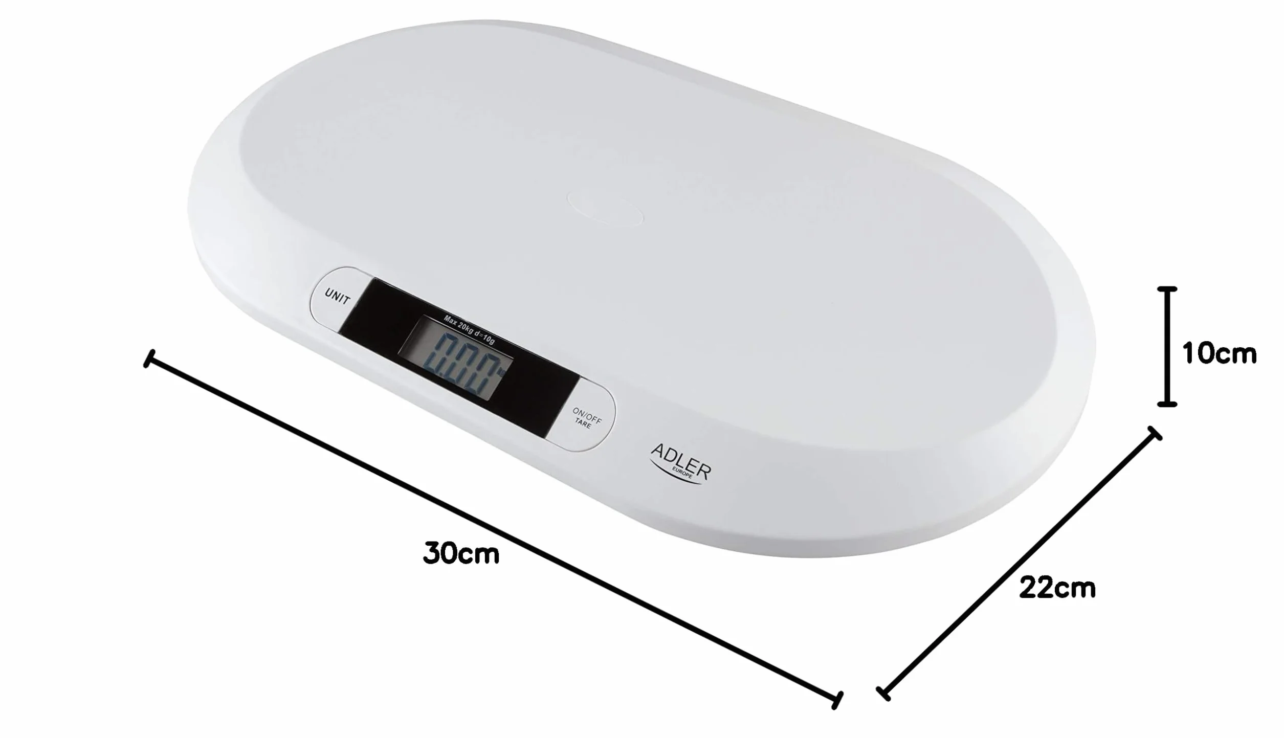 Adler Báscula Bebé Digital 20 kg Pantalla LCD Función Hold Tara Peso Recién Nacidos