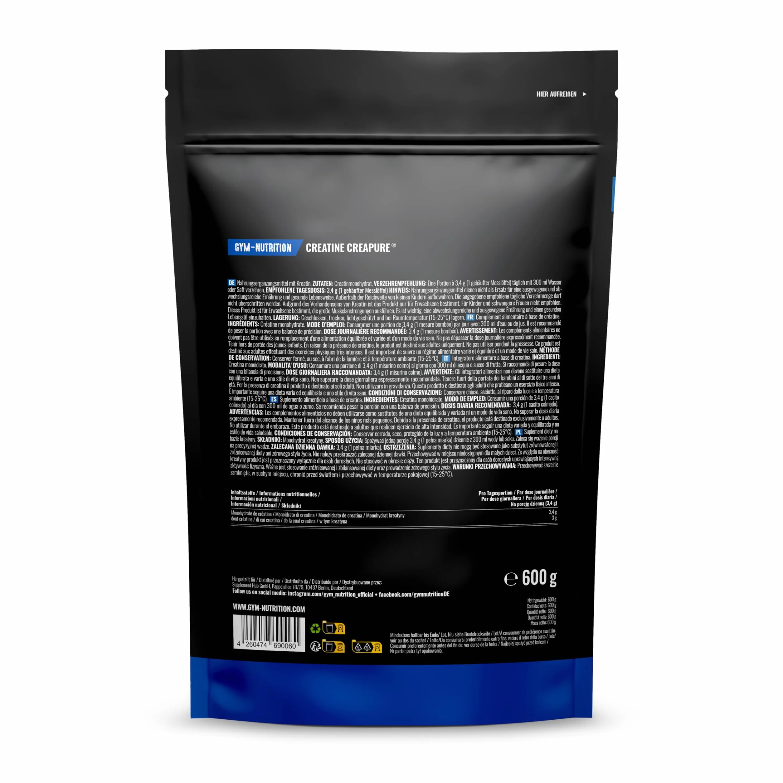 Creatina Monohidratada Creapure® 600 g Polvo Vegano Envasado en Alemania