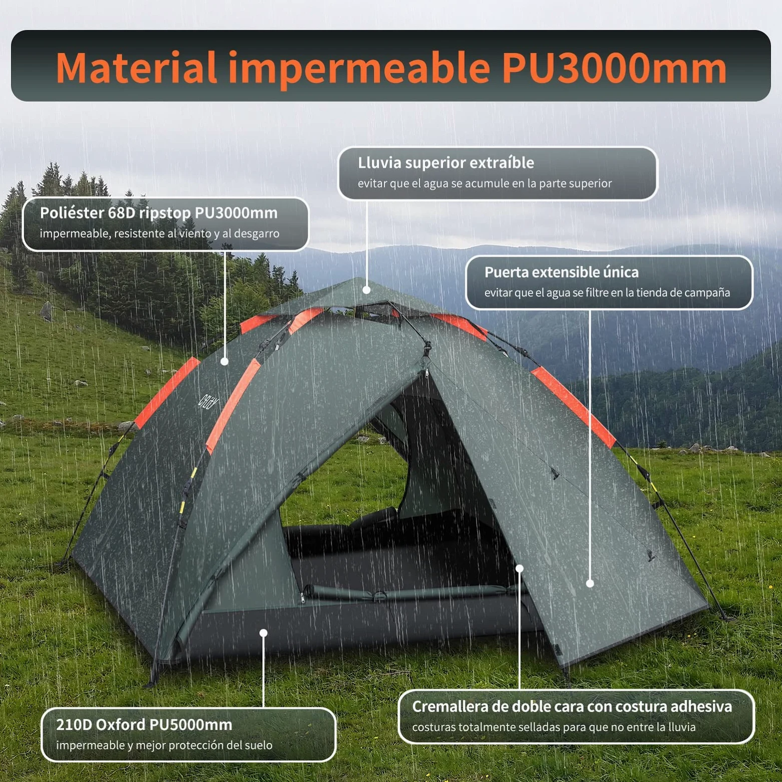 Cflity Tienda de Campaña, 3 Personas Tienda Instantánea Automática, Tienda Impermeable de Tres Capa, Carpa Grande y Ligera para 4 Estaciones, Carpa de Mochilero con 2 Porches Extensibles para Camping