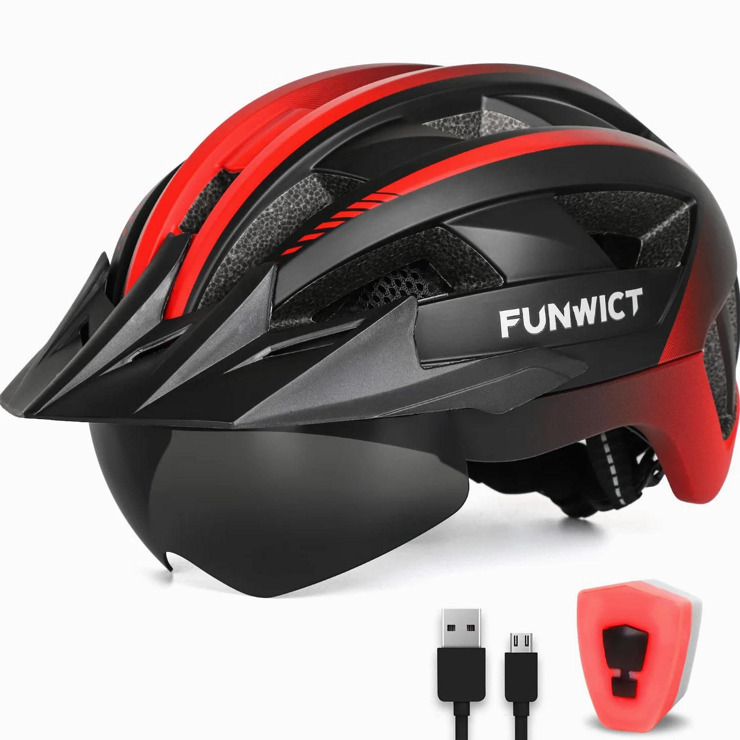 Casco Bicicleta para Ciclismo de Montaña Casco MTB Adulto con Visera y Gafas Desmontables Casco Ciclismo para Hombre Mujer de Tamaño 57-62cm (L: 57-61 cm, Negro y Rojo)
