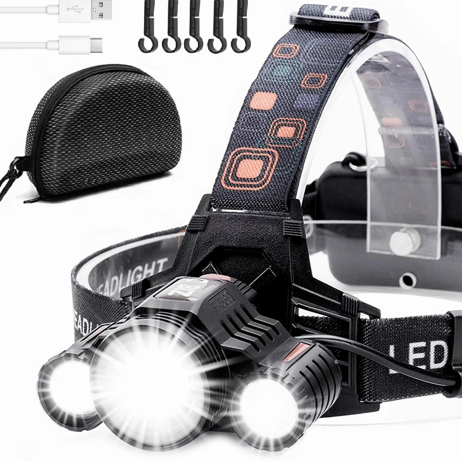 Linterna Frontal - más brillante 10000 Lumen Linterna Cabeza, USB-C recargable linterna impermeable + luz roja para camping, senderismo, pesca, al aire libre,5 Hardhat Clips Incluidos.