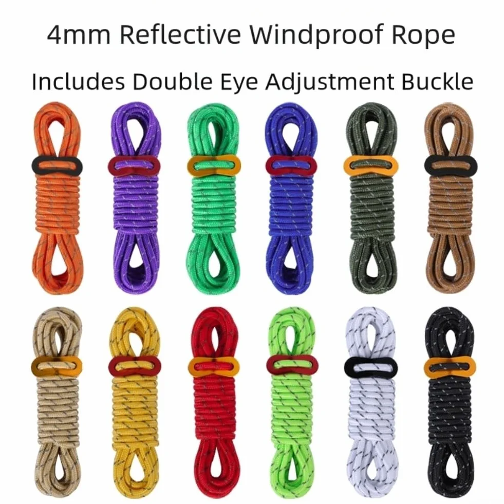 Cuerda de camping ajustable de 4 mm por 4 m con hebilla de viento de aluminio reflectante para asegurar tienda de campaña y lona fiable en entornos al aire libre (verde militar)