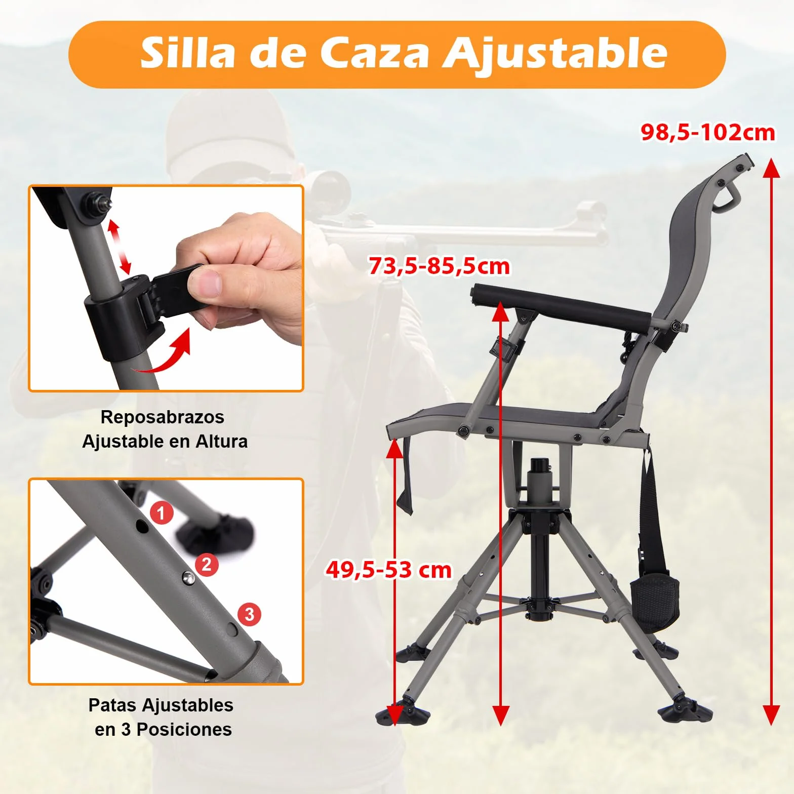 GOPLUS Silla de Caza Giratoria 360°, Silla Plegable con Patas Ajustables y Soporte para Arma, Respaldo Ergonómico y Reposabrazos Cómodos, Bolsillo de Almacenamiento, Sillas Silenciosa para Caza