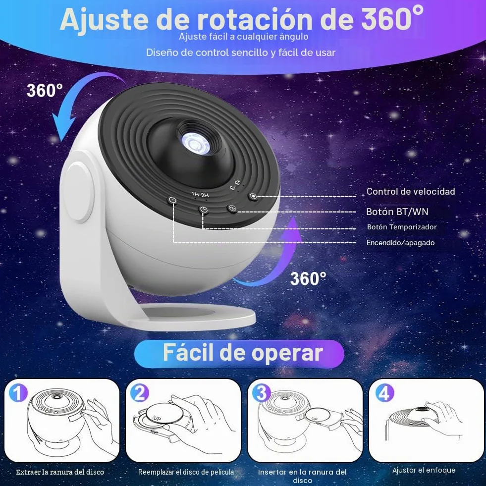 Proyector de Cielo Estrellado con 12 Discos Planetarios, Rotación 360°, Control Remoto