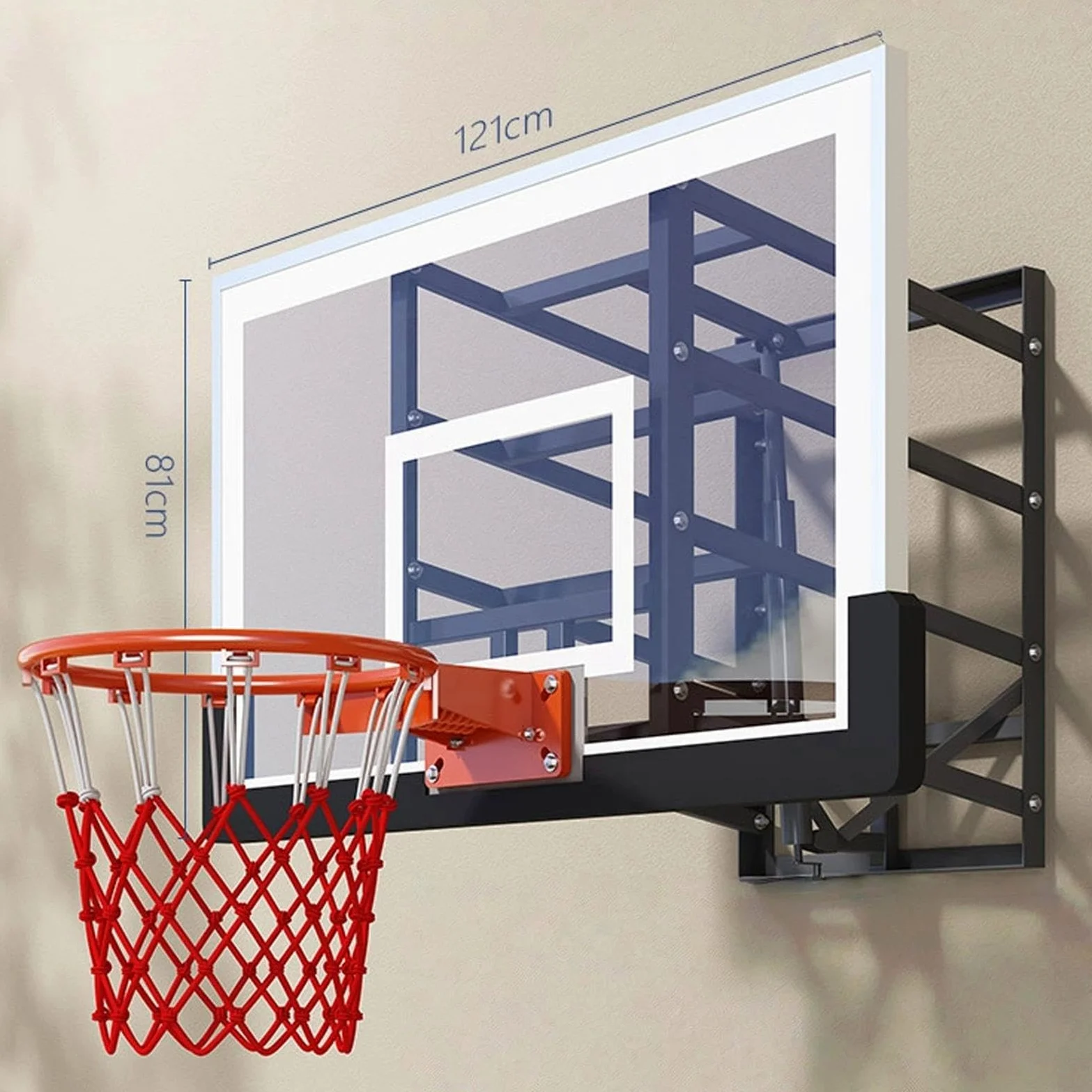 Aro de baloncesto para exteriores de altura ajustable, soporte de pared con tablero de vidrio templado para gimnasios, garajes, escuelas, ideal para adolescentes y adultos