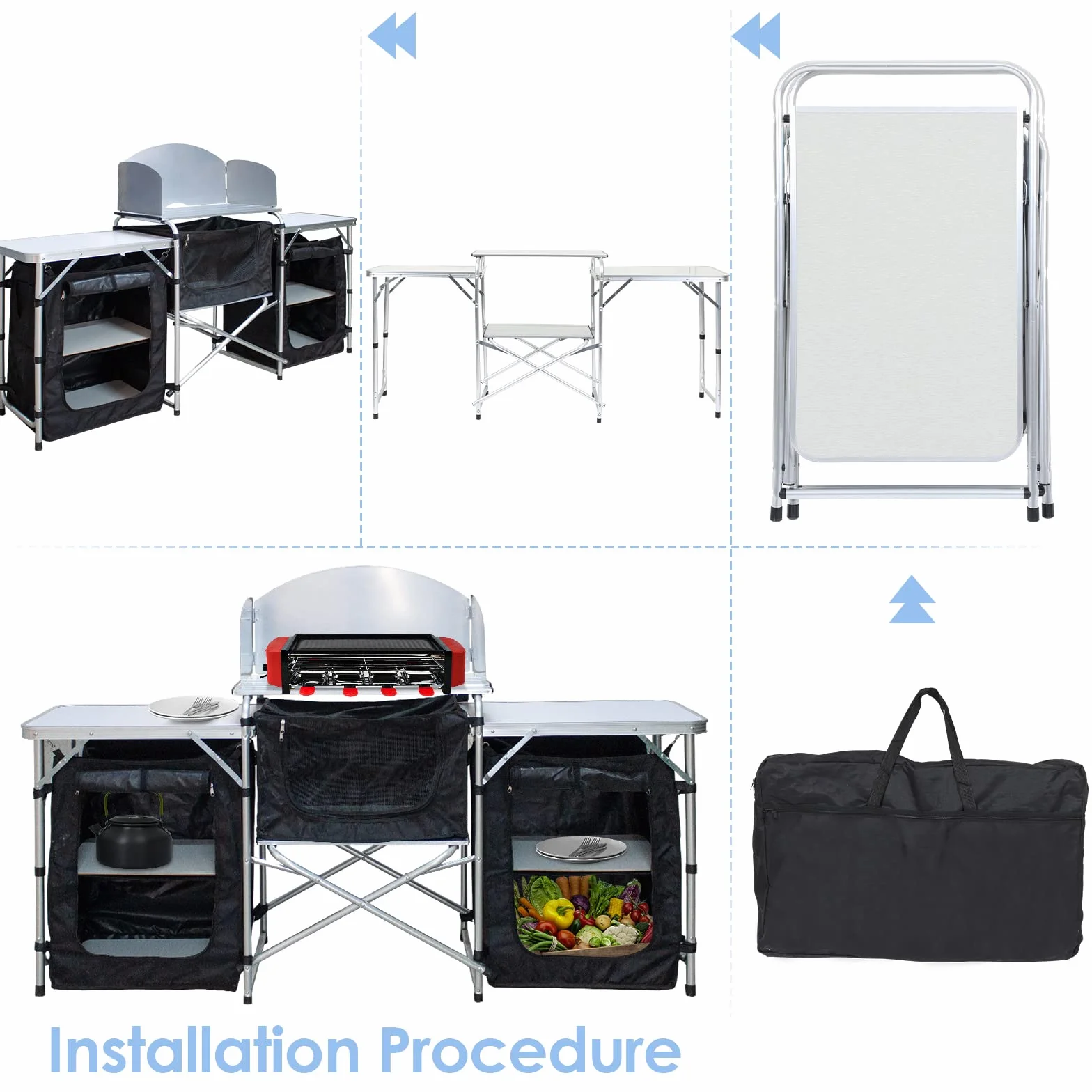 Cocina de Camping con Protección contra Salpicaduras, Armario de Camping con Bolsa de Transporte y Marco de Aluminio, Armario de Cocina Plegable de Altura Ajustable