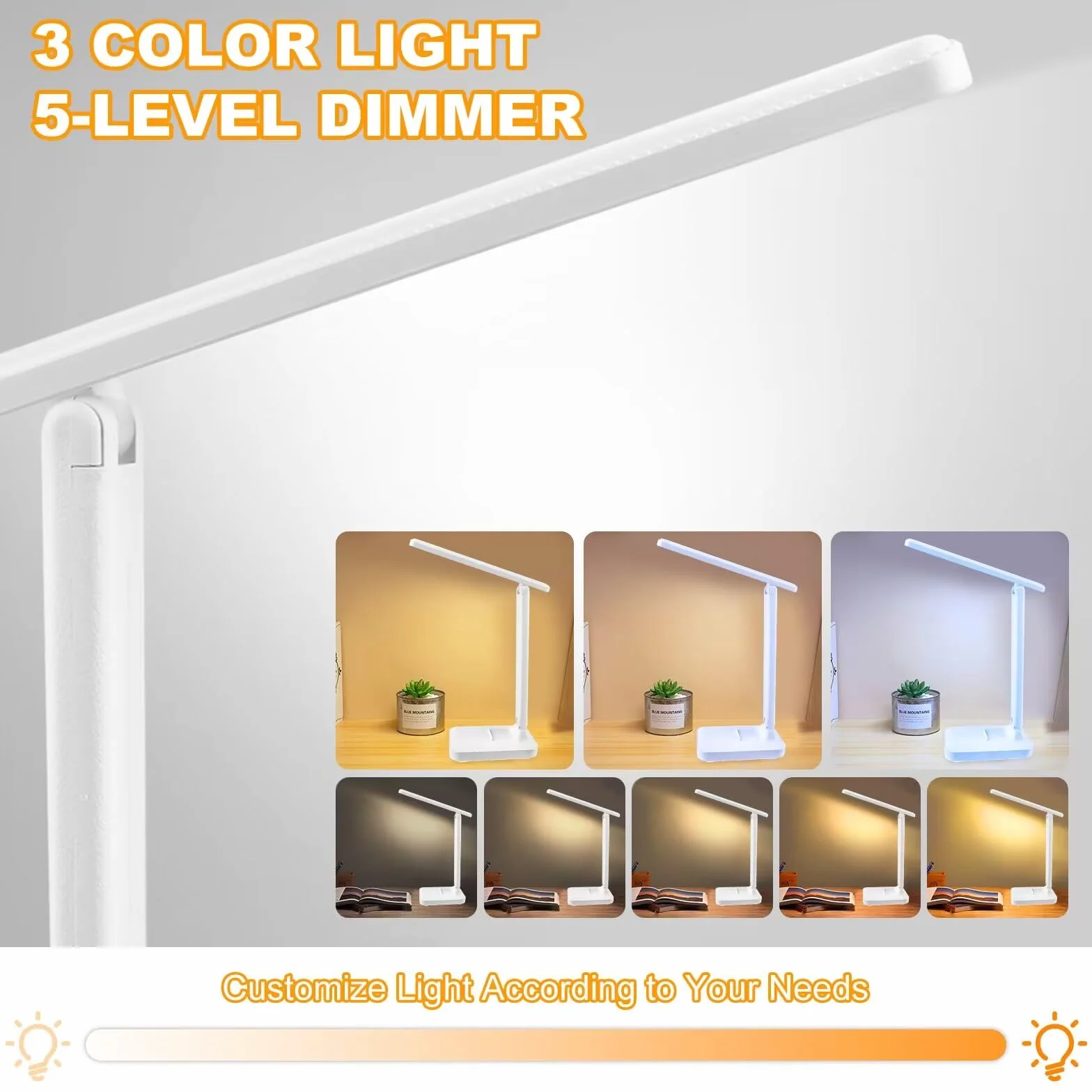 UKOFEW Lámpara Escritorio Led, Flexo de Mesa Plegable Ajustable sin Cables 3 Modos Atenuación, Blanco