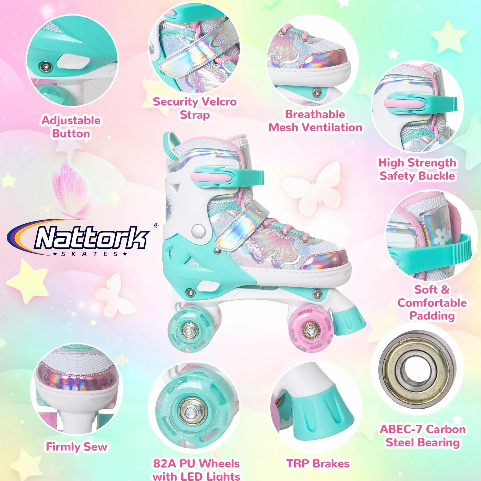 Patines de ruedas para niños Nattork, 4 tamaños ajustables, diseño mariposas flores