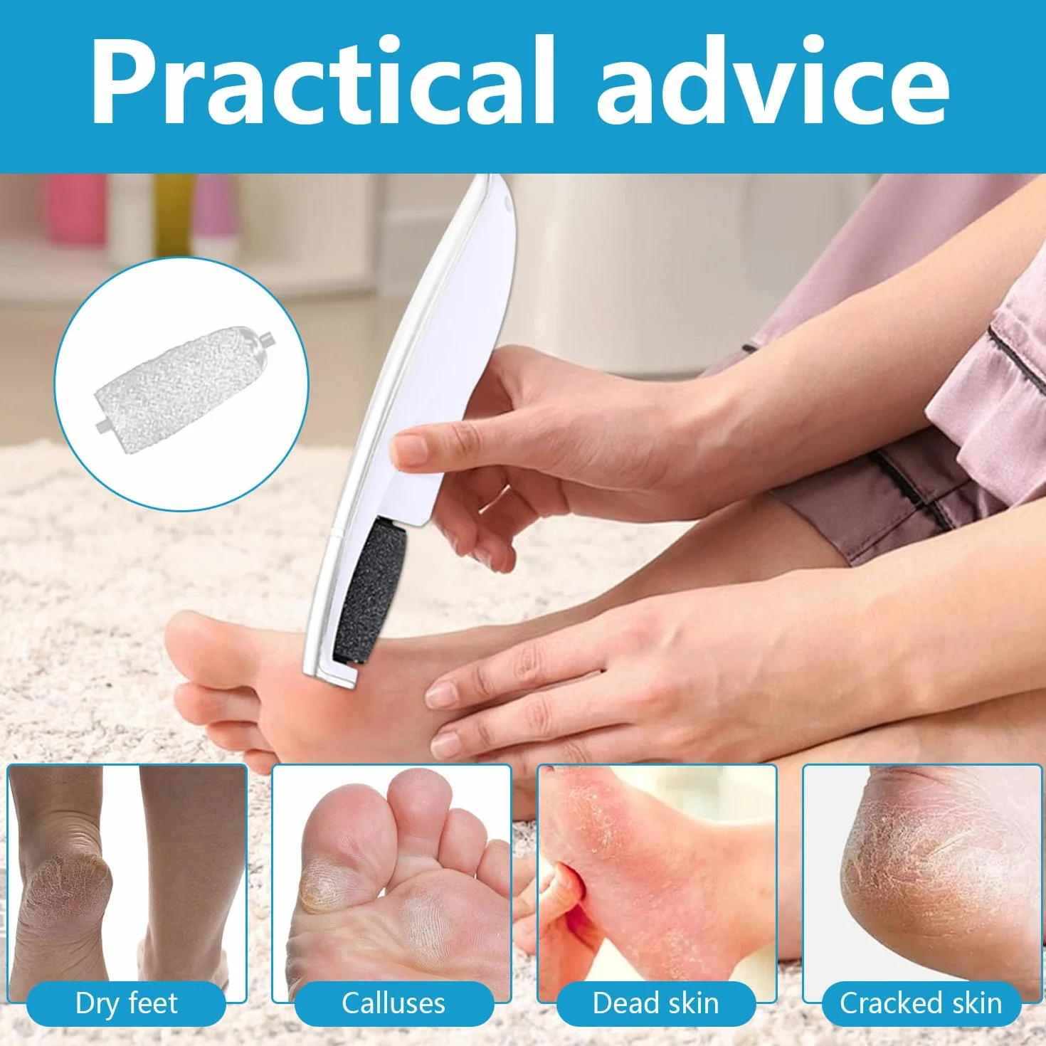 Lima Eléctrica Pedicura Profesional, Recargable con 2 Rodillos de Recambio, para Pies Callos