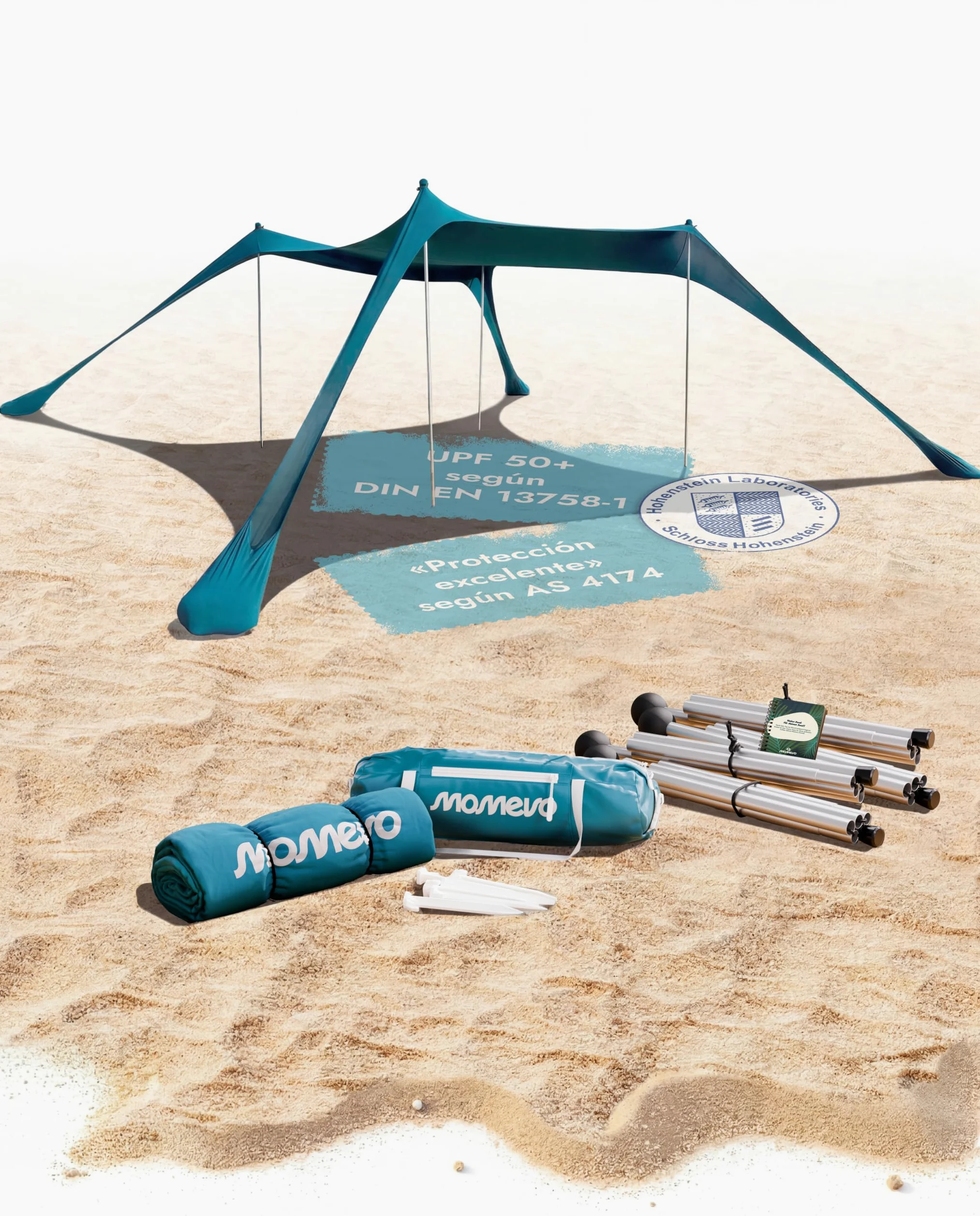 Tienda de Playa con toldo Solar UPF50+, 6 Personas, Azul Petróleo | Antiviento, Refugio de playa ligero, resistente al viento y ligera, tienda de playa de nueva generación