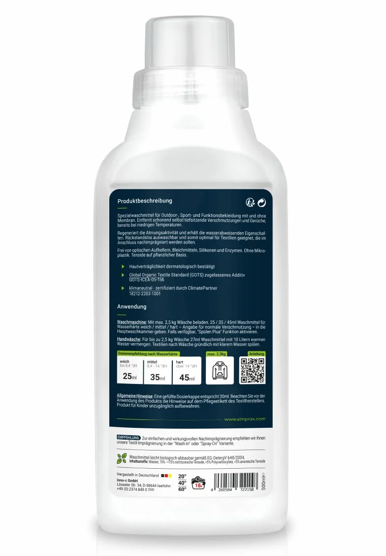 Detergente Liquido Ropa Técnica y Outdoor para Goretex Softshell Sympatex Lycra & Forro Polar - Renueva la Transpirabilidad Elimina Olores y Suciedad - Detergente Ecologico Lavadora 500 ml