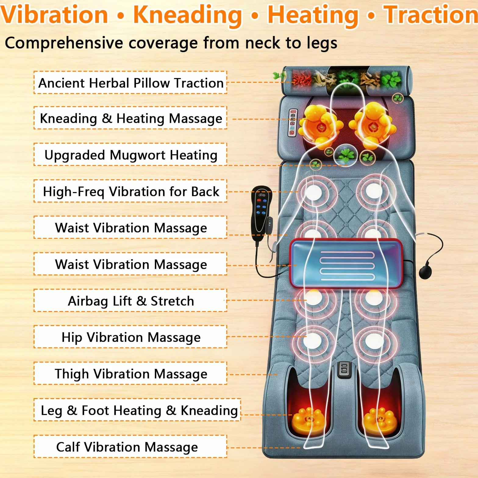 Esterilla de masaje cuerpo completo con calor 10 motores vibración pies cuello espalda eléctrica