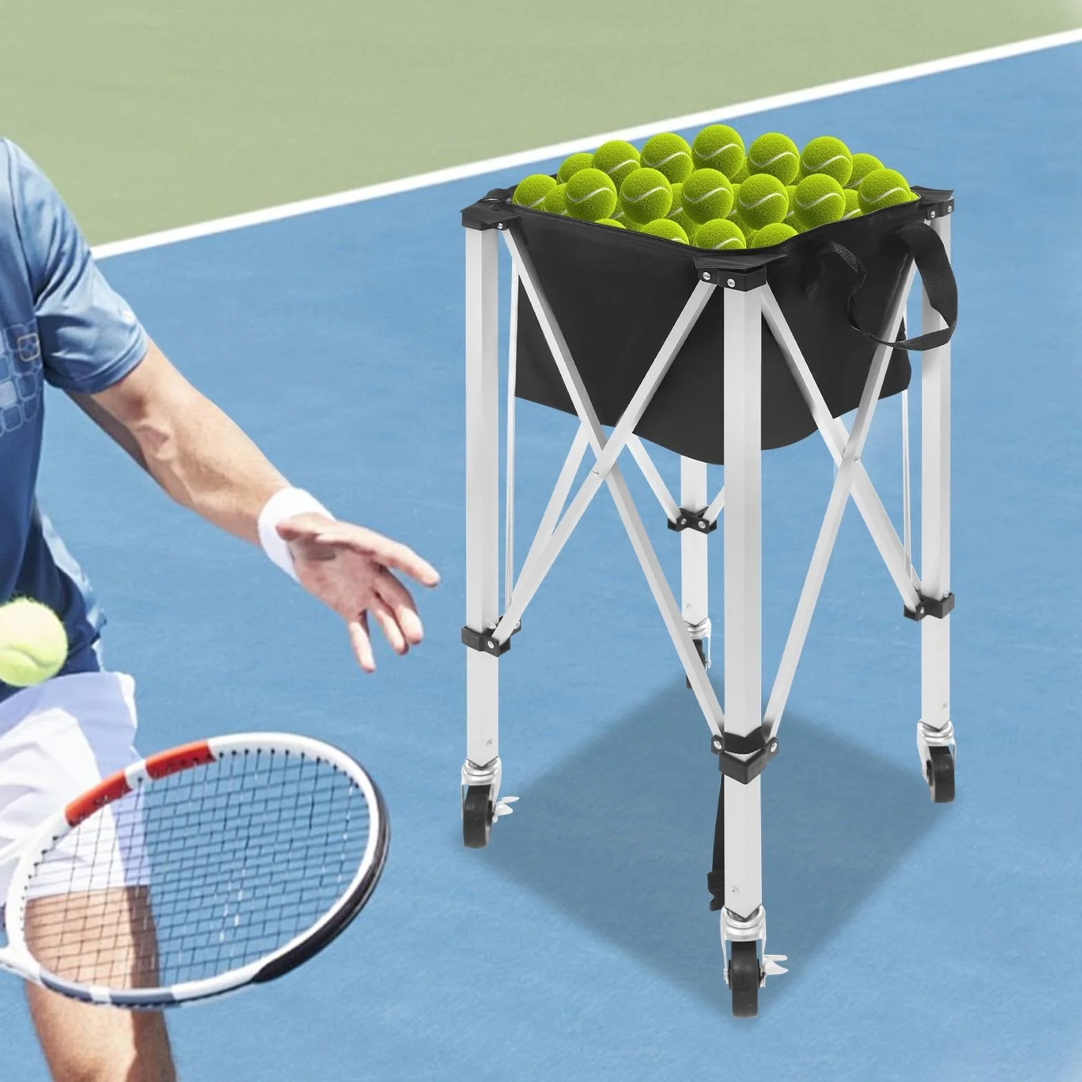 Tela Oxford de aluminio Canasta plegable para pelotas de tenis 150-170 con ruedas asa de transporte