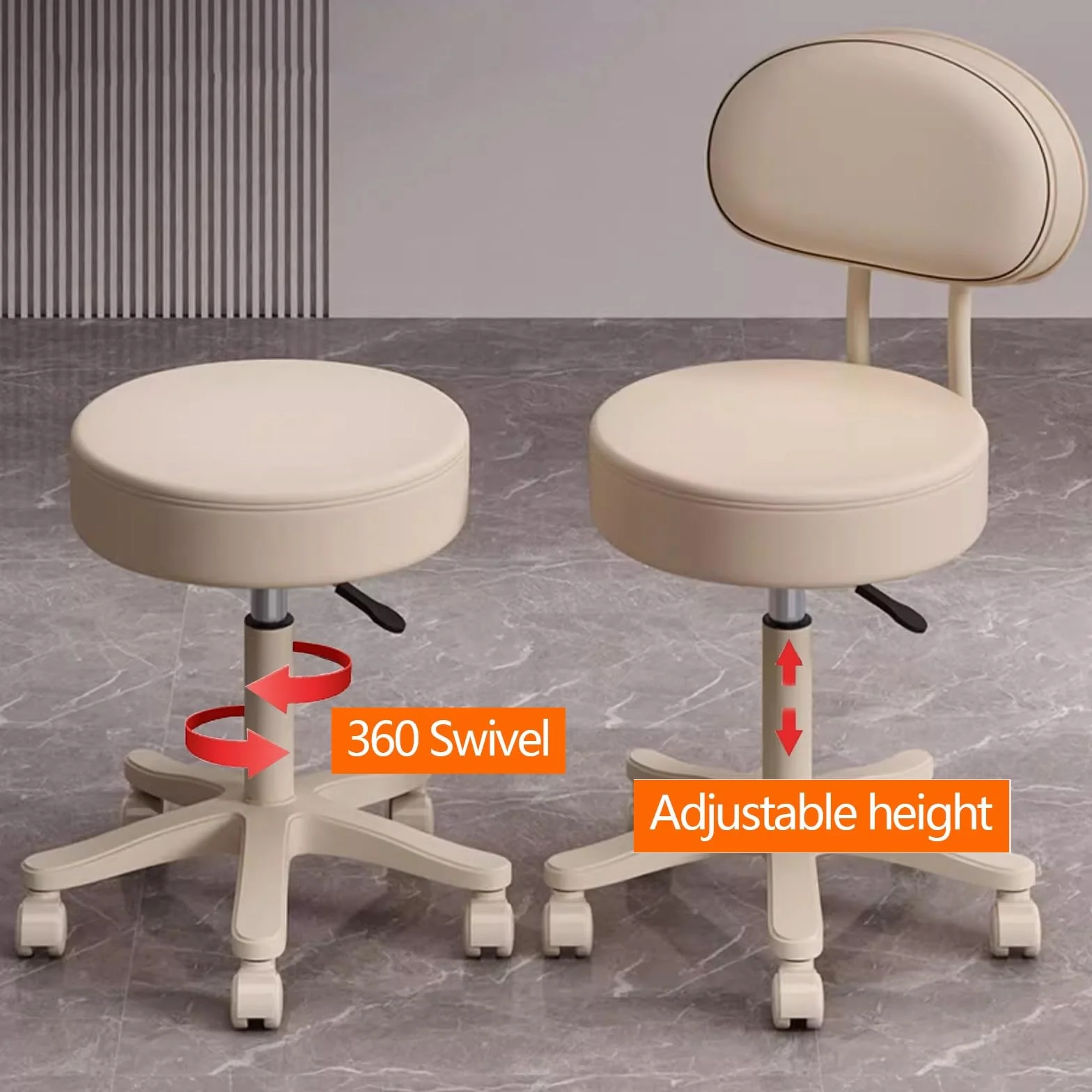 Taburete Peluqueria Giratorio 360 con Ruedas Respaldo Regulable Altura 43-52cm Blanco