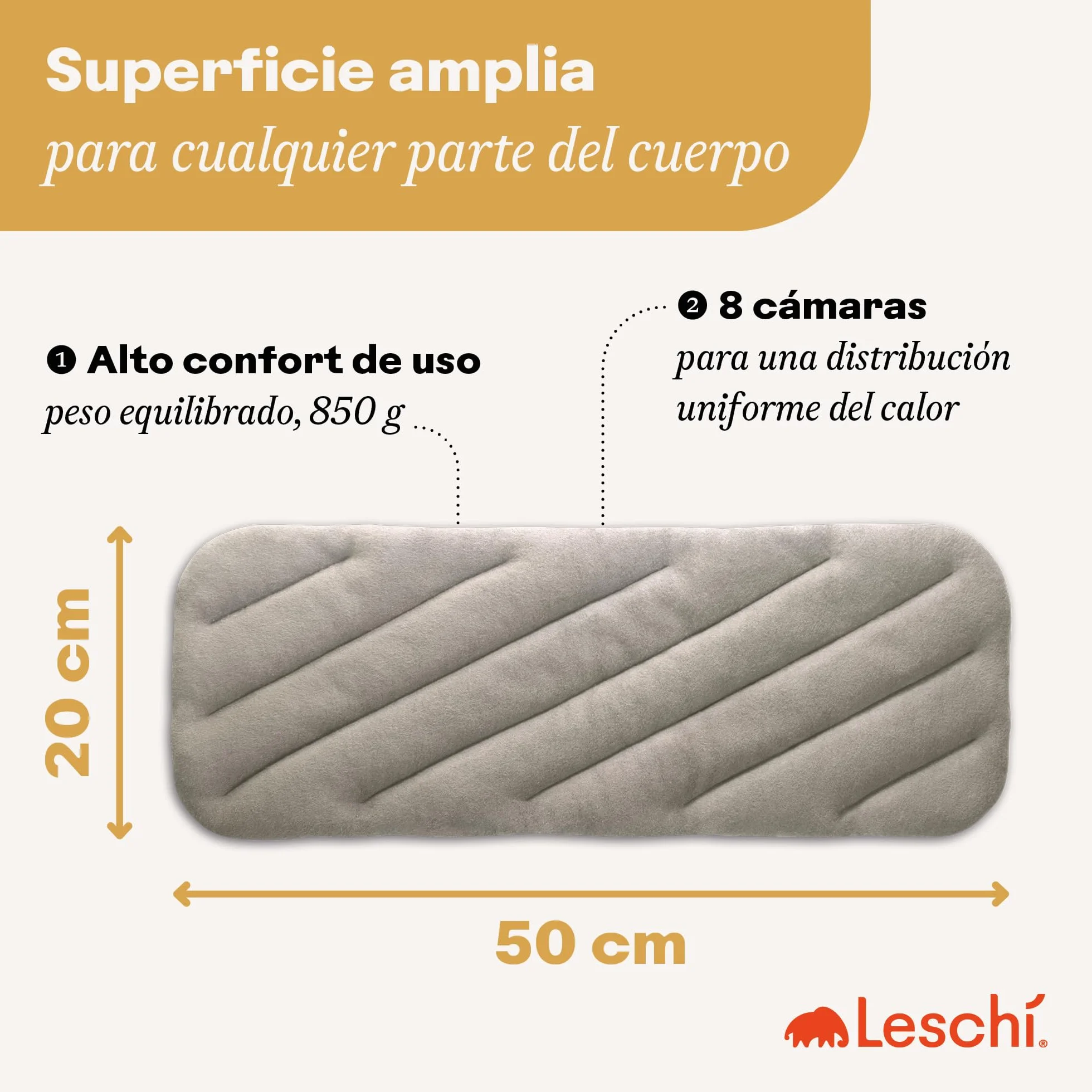LESCHI XXL Saco Térmico de Semillas para Microondas 50x20cm 8 Compartimentos 100% Algodón Trigo Orgánicos Gris