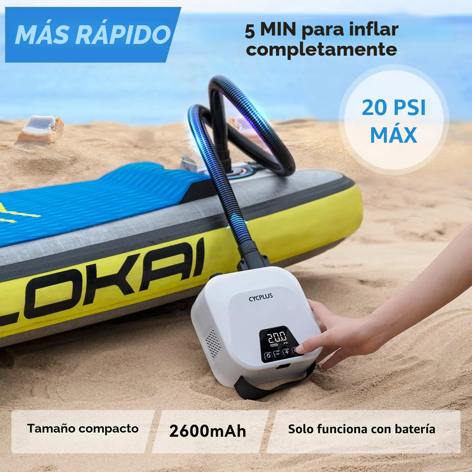 CYCPLUS Bomba de Aire Inteligente 20PSI para Sup, con Batería Recargable y Función de Inflado/Desinflado Inteligente. Ideal para Tablas de Paddle, Cometas, Tiendas de Campaña y Colchones