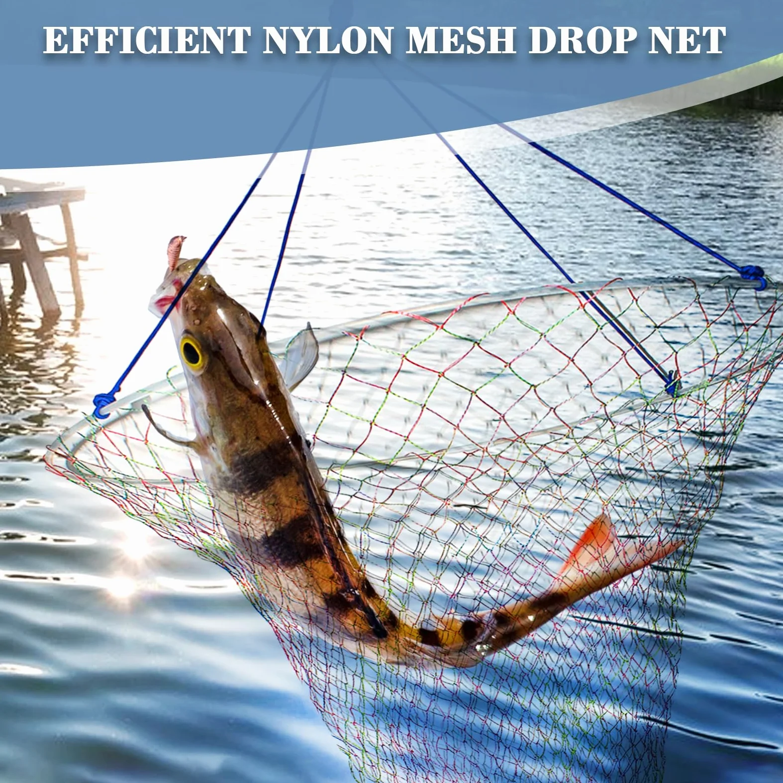 Red de pesca de puente y muelle, diseño resistente para peces grandes, red de pesca portátil con cuerda, aro de acero suave grueso, red colorida de doble línea, cuerda y bolsa de