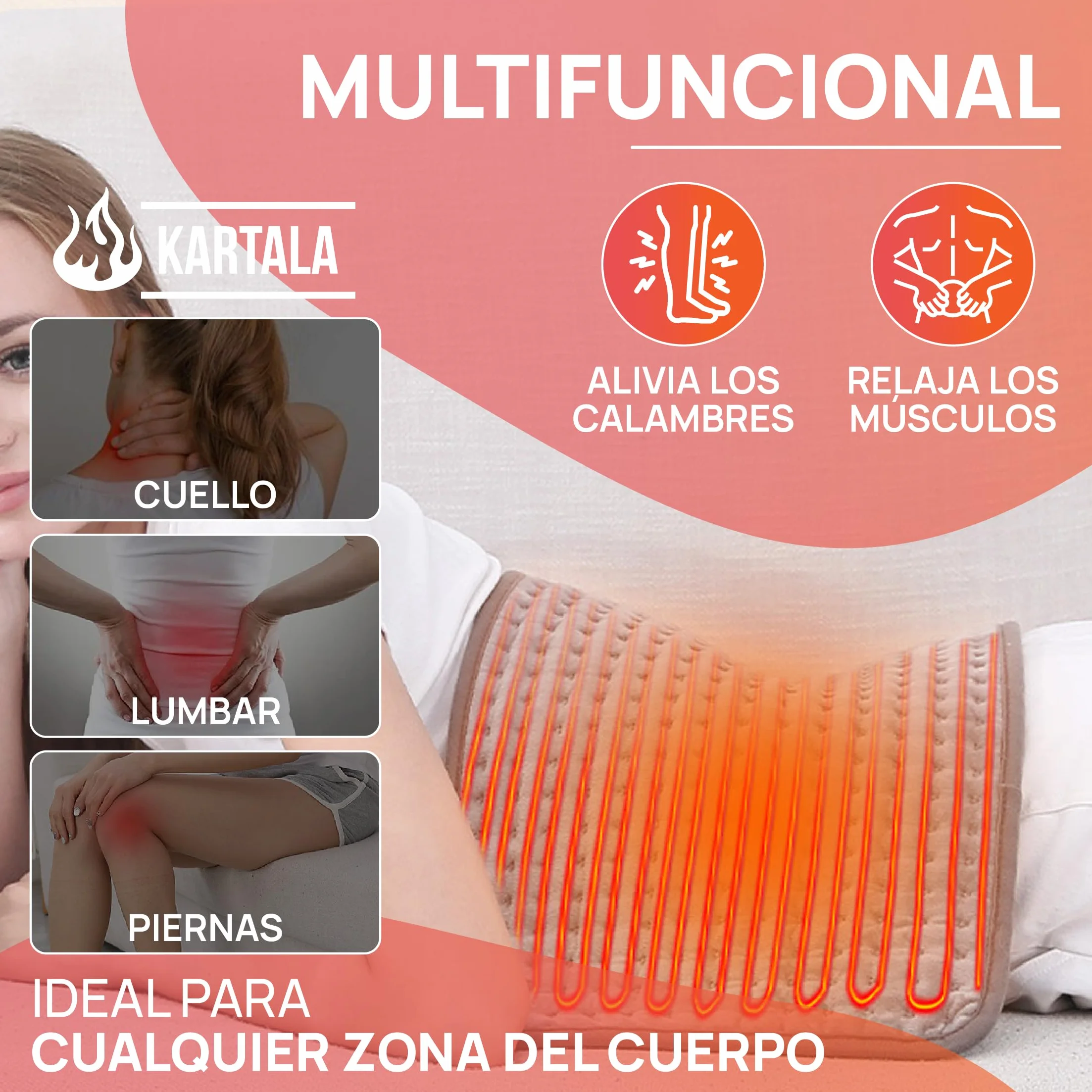Manta Térmica Lumbar Kartala 30×60 cm con Bolsa, 9 Temperaturas, 4 Temporizadores, Lavable y Portátil
