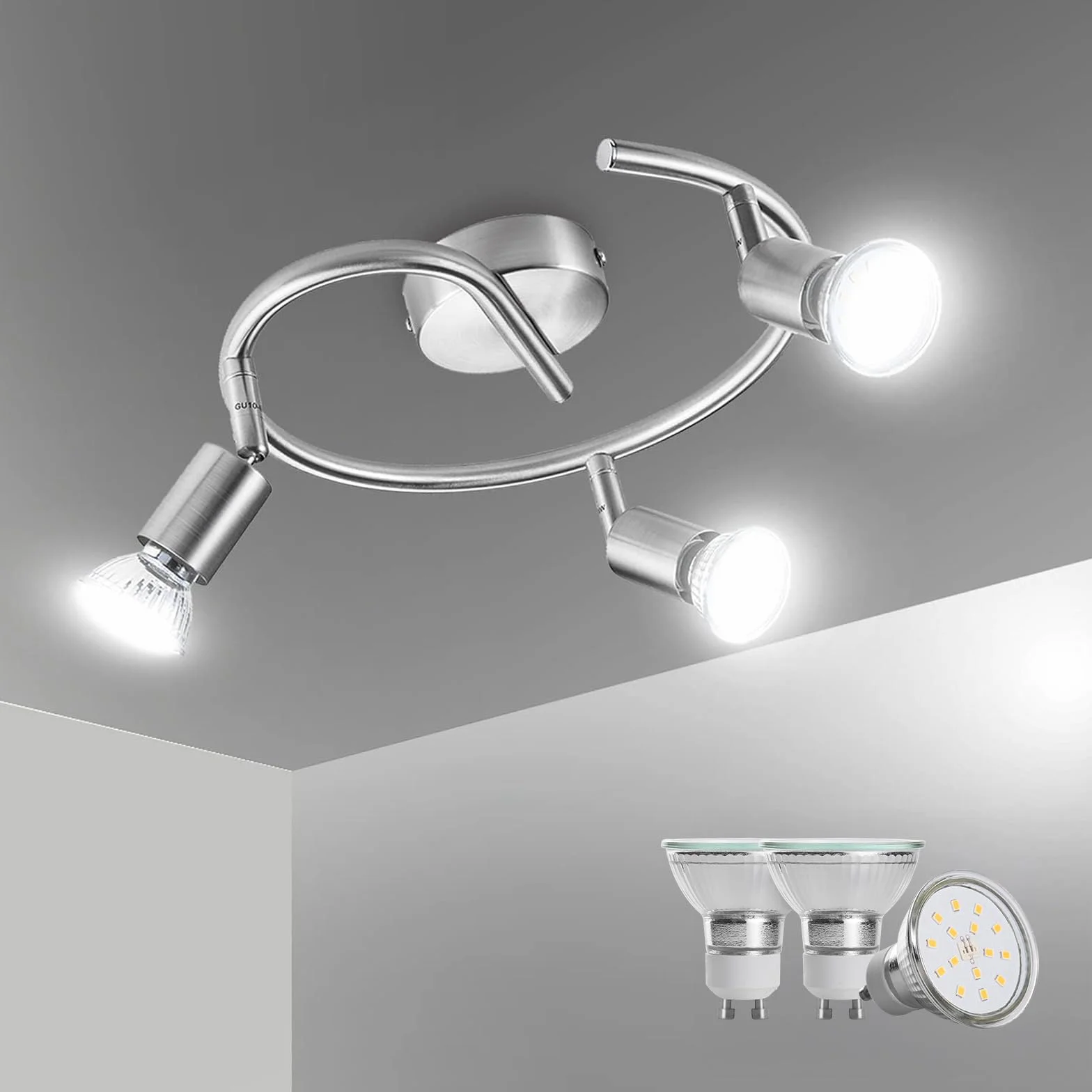 Bojim Lampara de Techo LED 3 Focos GU10 Blanco Natural 6W Níquel Mate