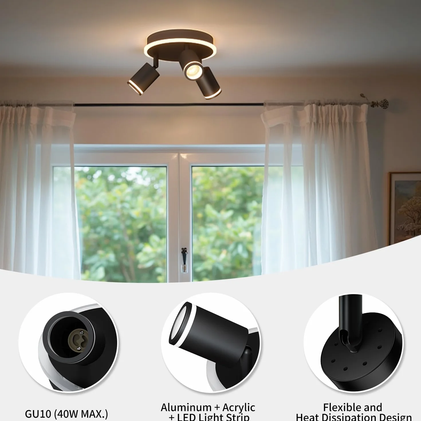 LVWIT Lámpara de Techo LED Giratorio 3 Focos GU10 Negro Metal