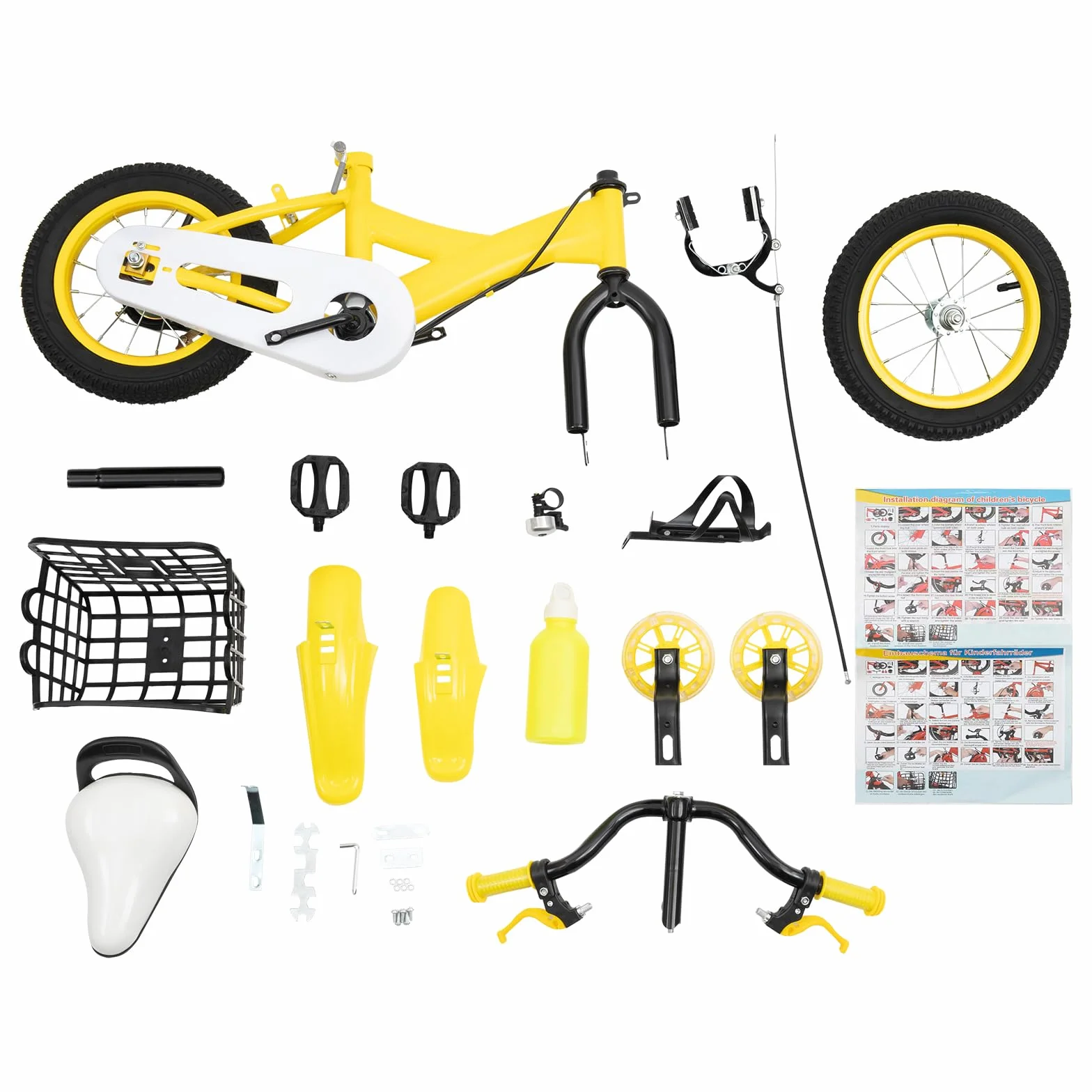 Bicicleta infantil de 14 pulgadas para niños y niñas, adecuada para niños de 3 a 7 años, con ruedas estabilizadoras, sillín y manillar ajustables, protector de cadena y reflectores; incluye botella de