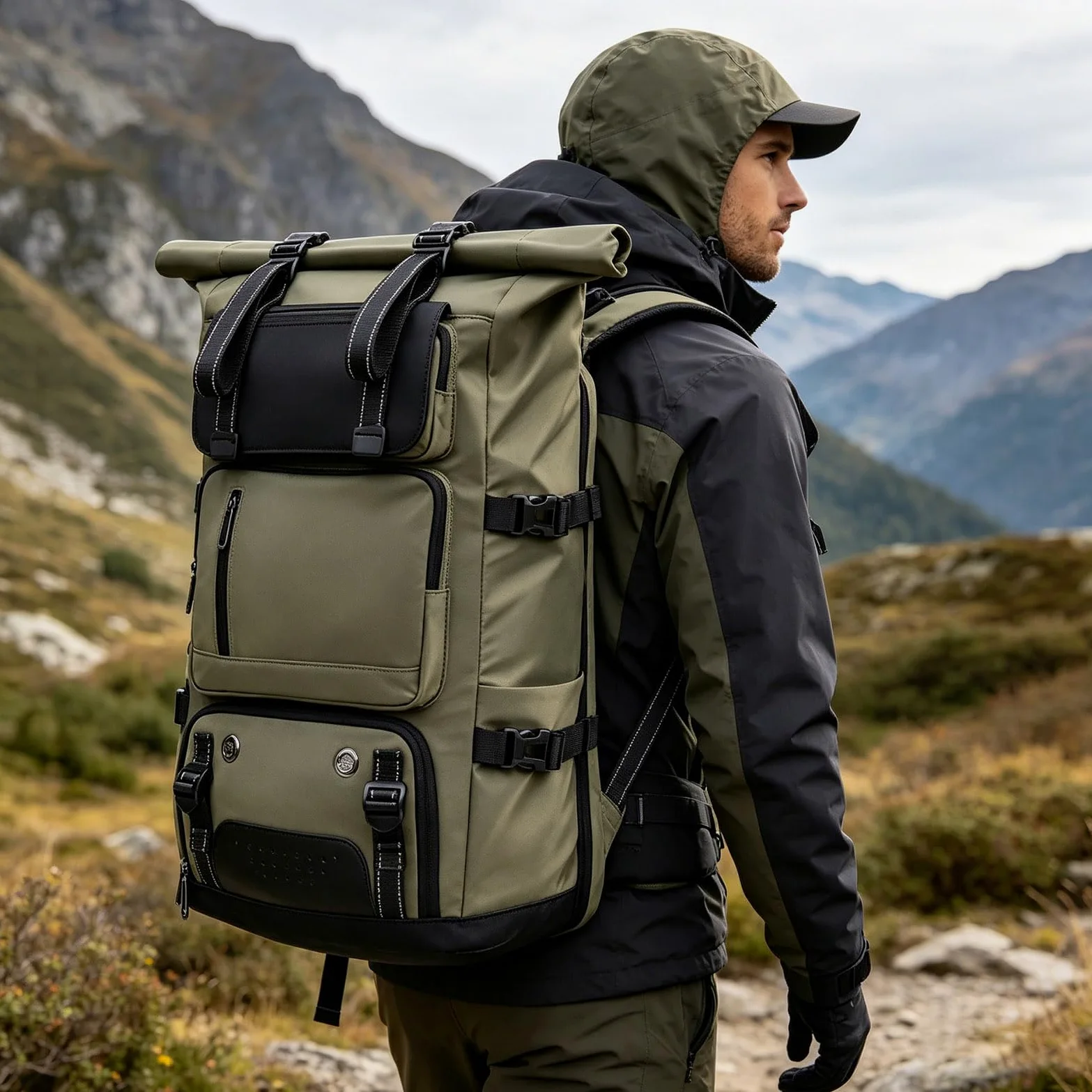 TY&WJ Mochila De Senderismo 40L Rolltop Impermeable, Mochila De Viaje con Compartimento para Portátil De 15.6 Pulgadas, Mochila De Trekking Camping Multiusos