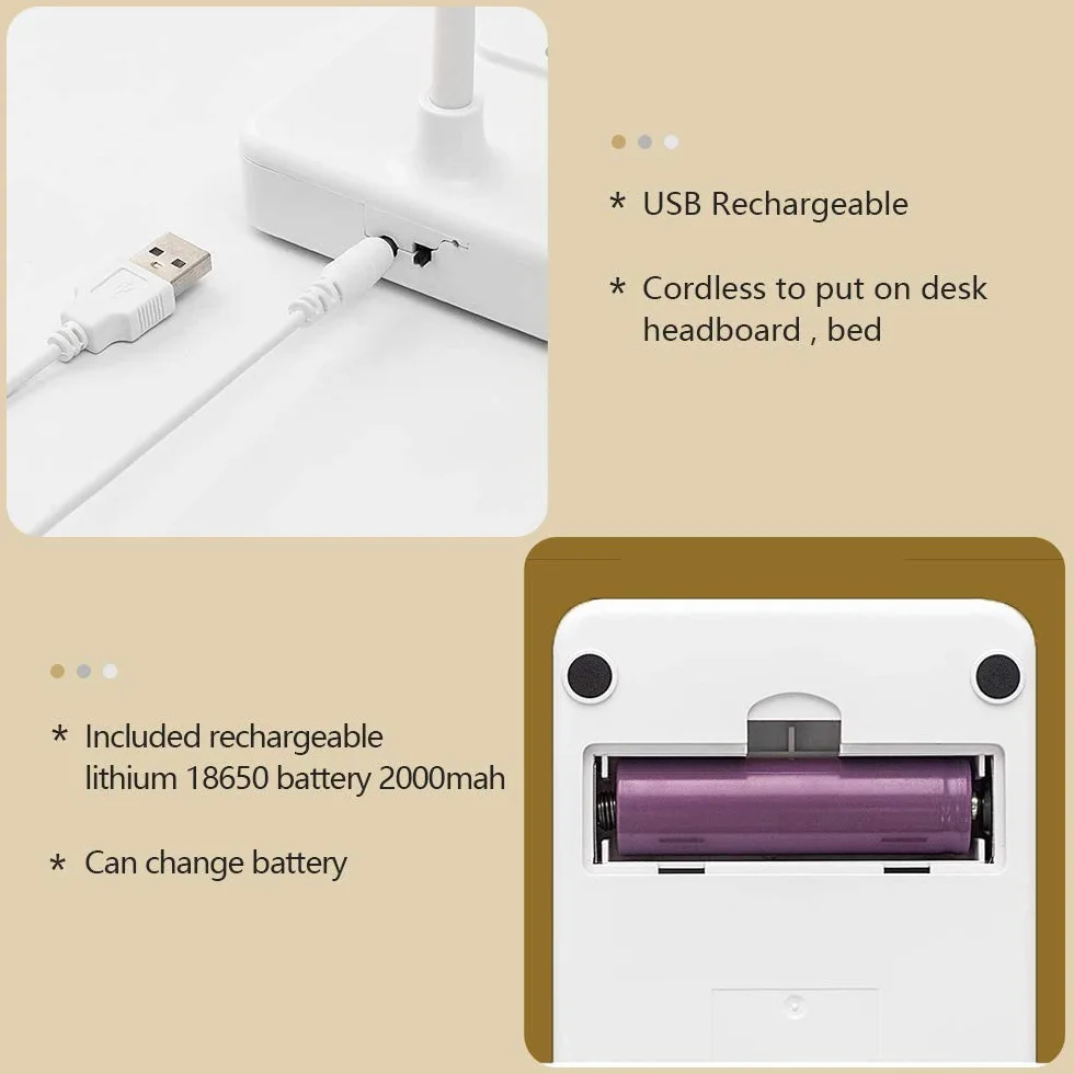 Lámpara LED de escritorio recargable 2000mAh, luz lectura inalámbrica, control táctil 3 colores, 6 brillo ajustable