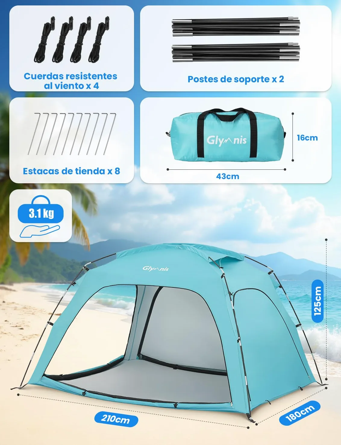 Glymnis Tienda de campaña grande para 3-4 personas, protección UV, refugio solar portátil, ideal para playa, picnic y pesca