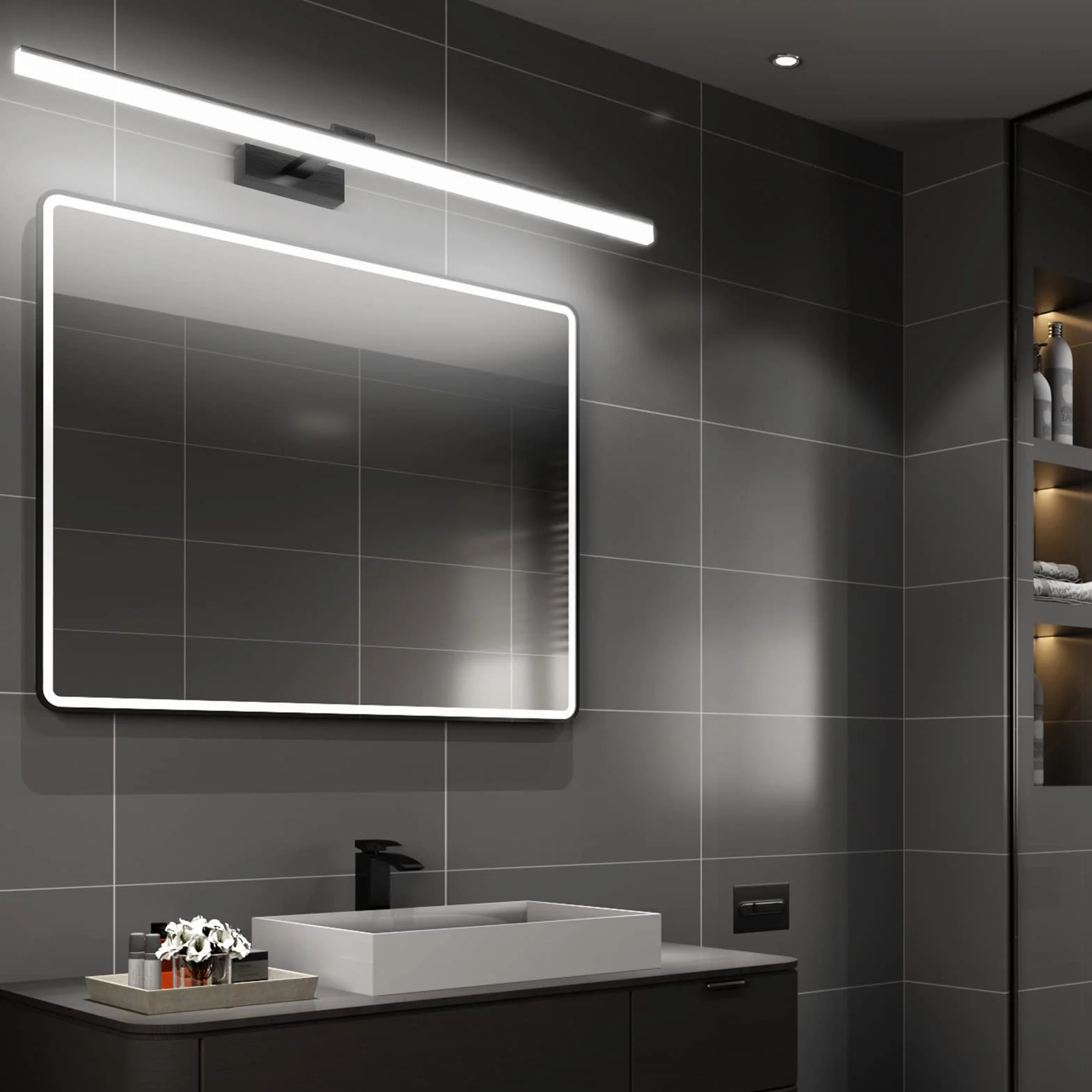 Klighten Lámpara de Espejo Baño 100CM 28W Blanco Frío 6000K 1560LM No-regulable Negro