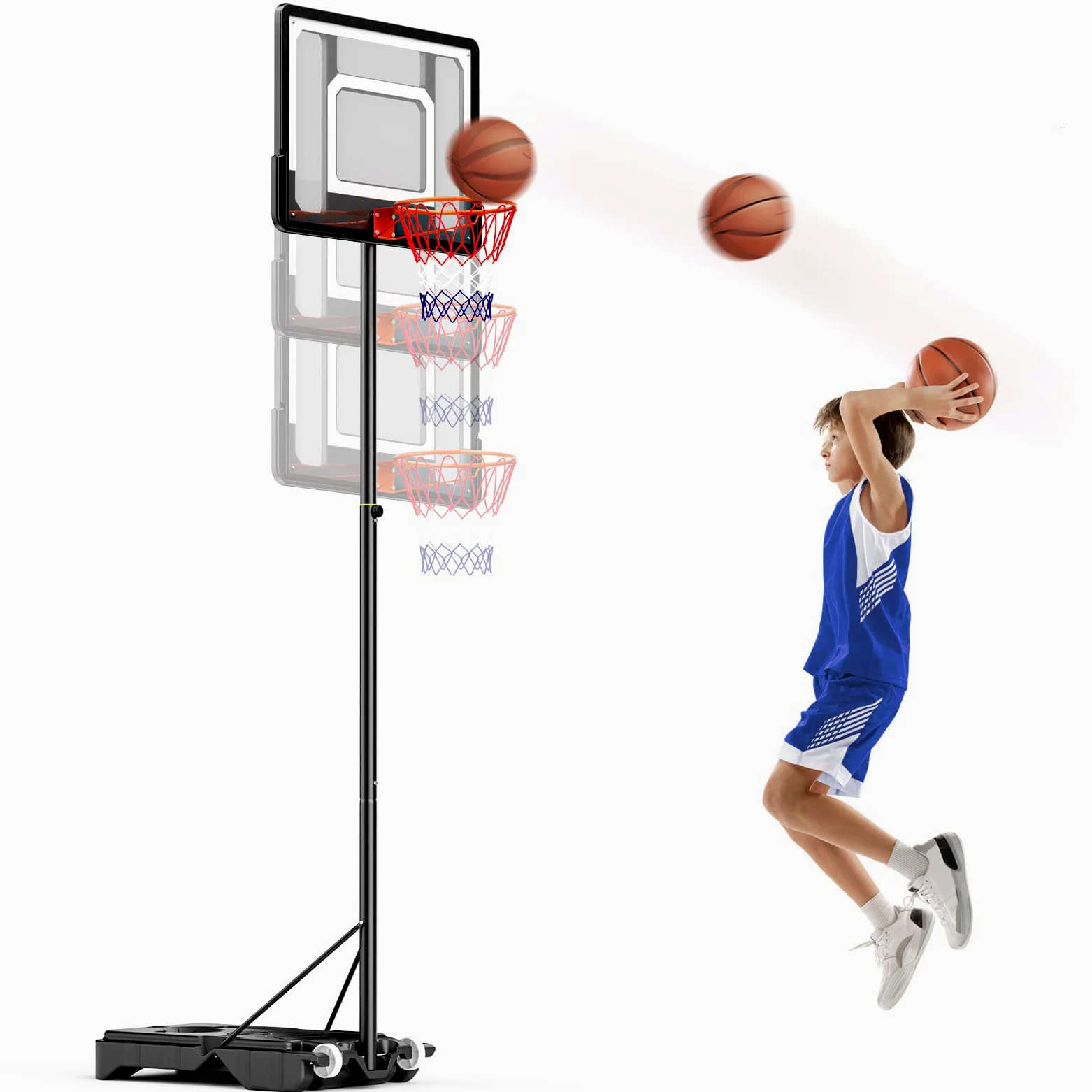 Canasta de Baloncesto, Altura de la Canasta de 128 a 305 cm, Soporte de Baloncesto con Tablero de 111x72cm, Adecuada para Adultos y niños
