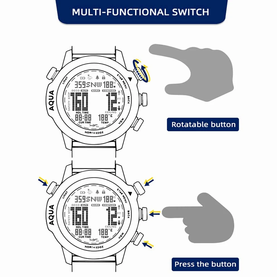 Dive Computer Watch 100M Impermeable Profesional Scuba Diving Watch Electronic Digital Sport Reloj de Pulsera Deep Diver Relojes Brújula Cronómetro Barómetro Termómetro Altímetro (Negro)
